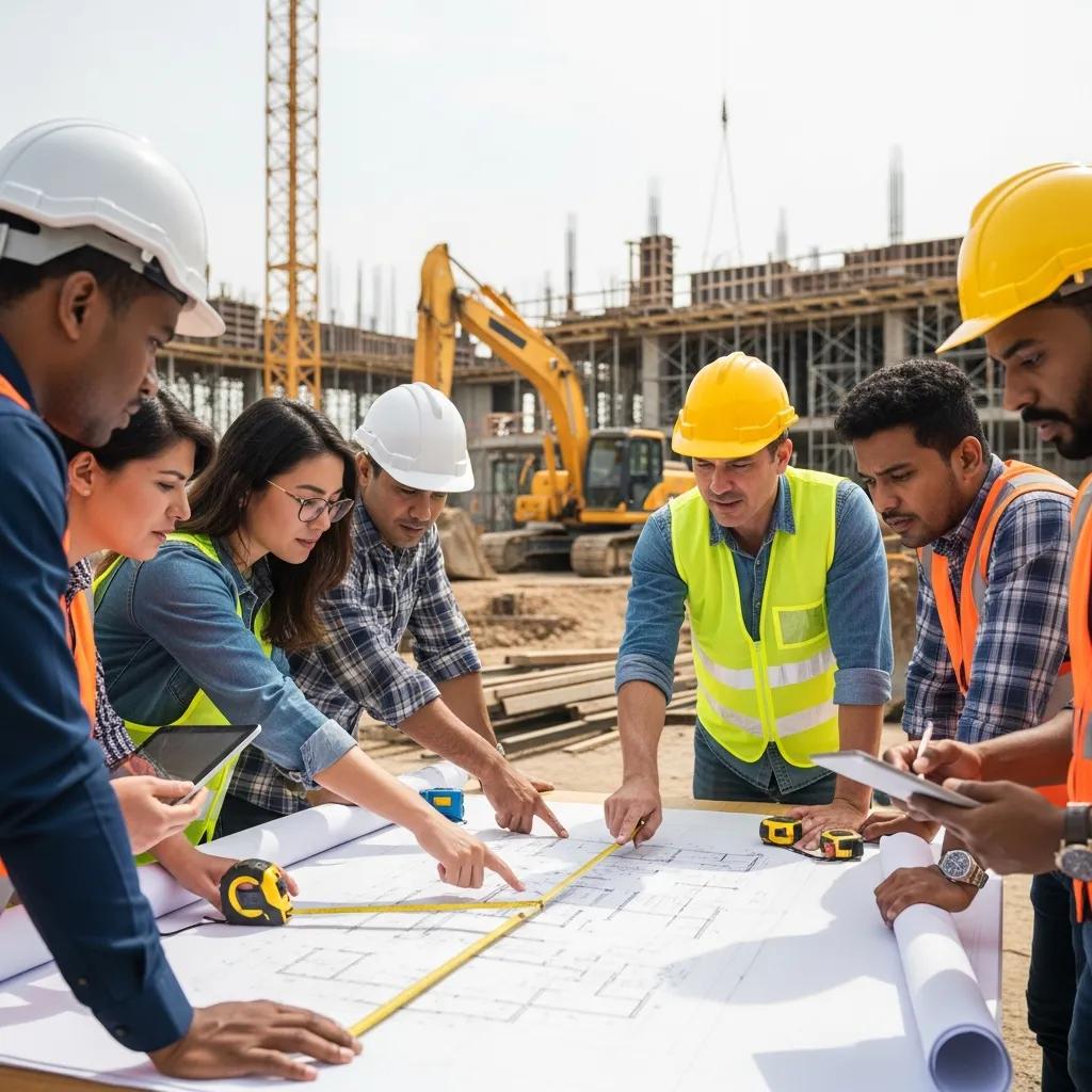 Project manager discussing construction plans with team members