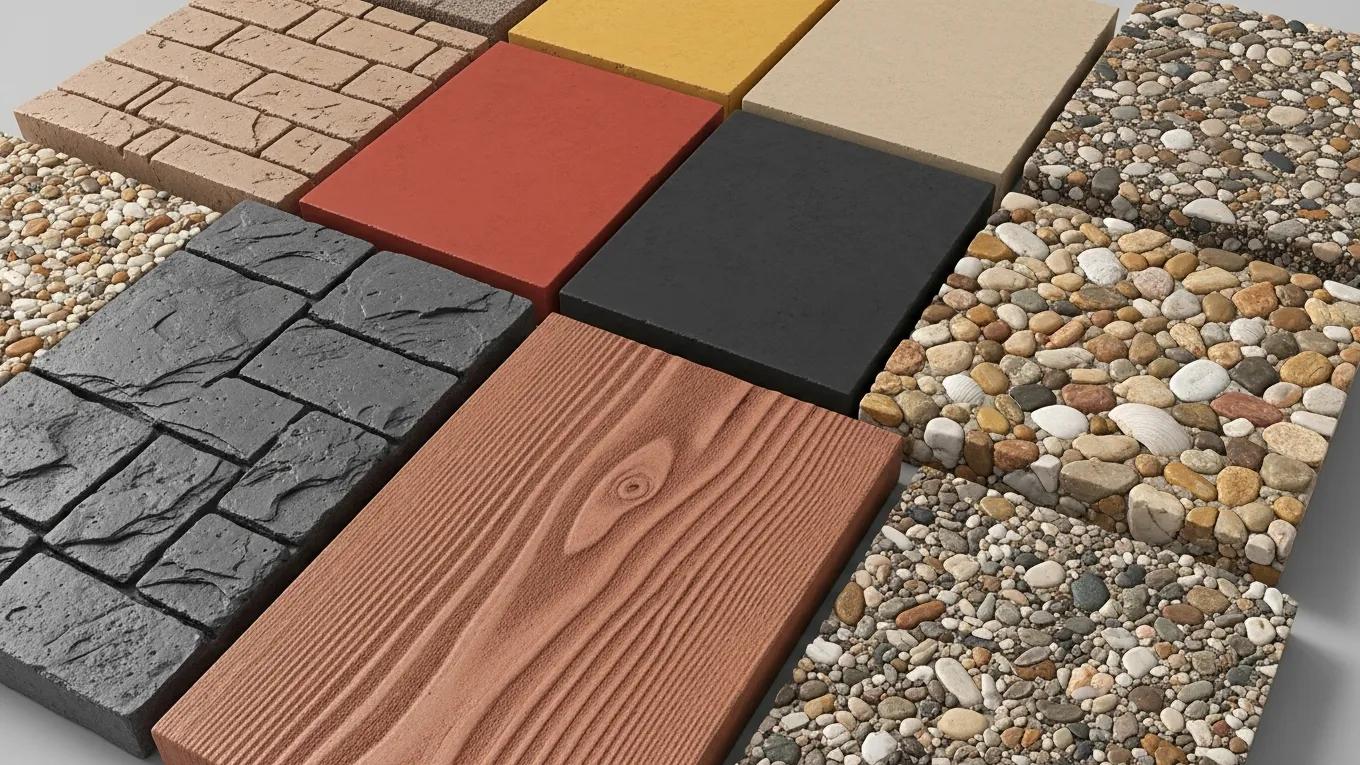 Samples of decorative concrete finishes for patios, showcasing textures and colors