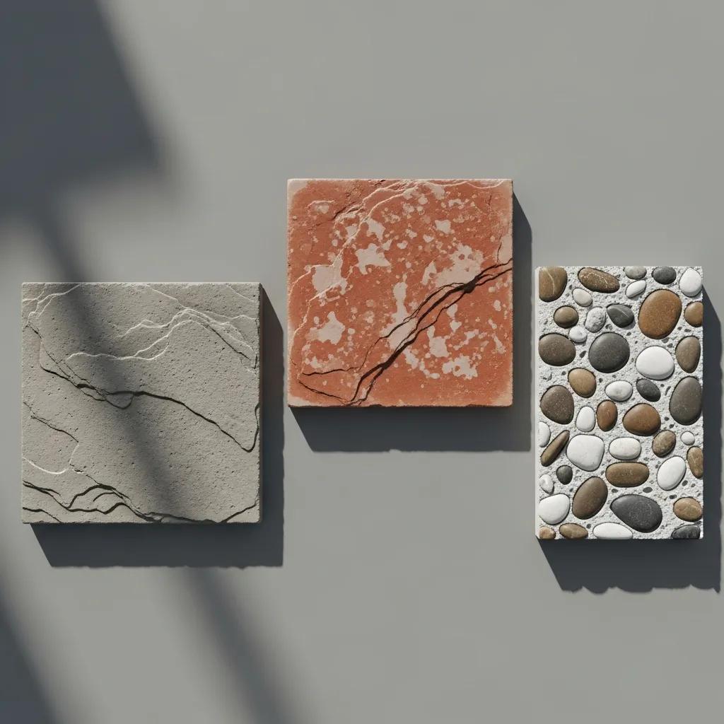 Samples of stamped, stained, and exposed aggregate decorative concrete showcasing various textures and colors