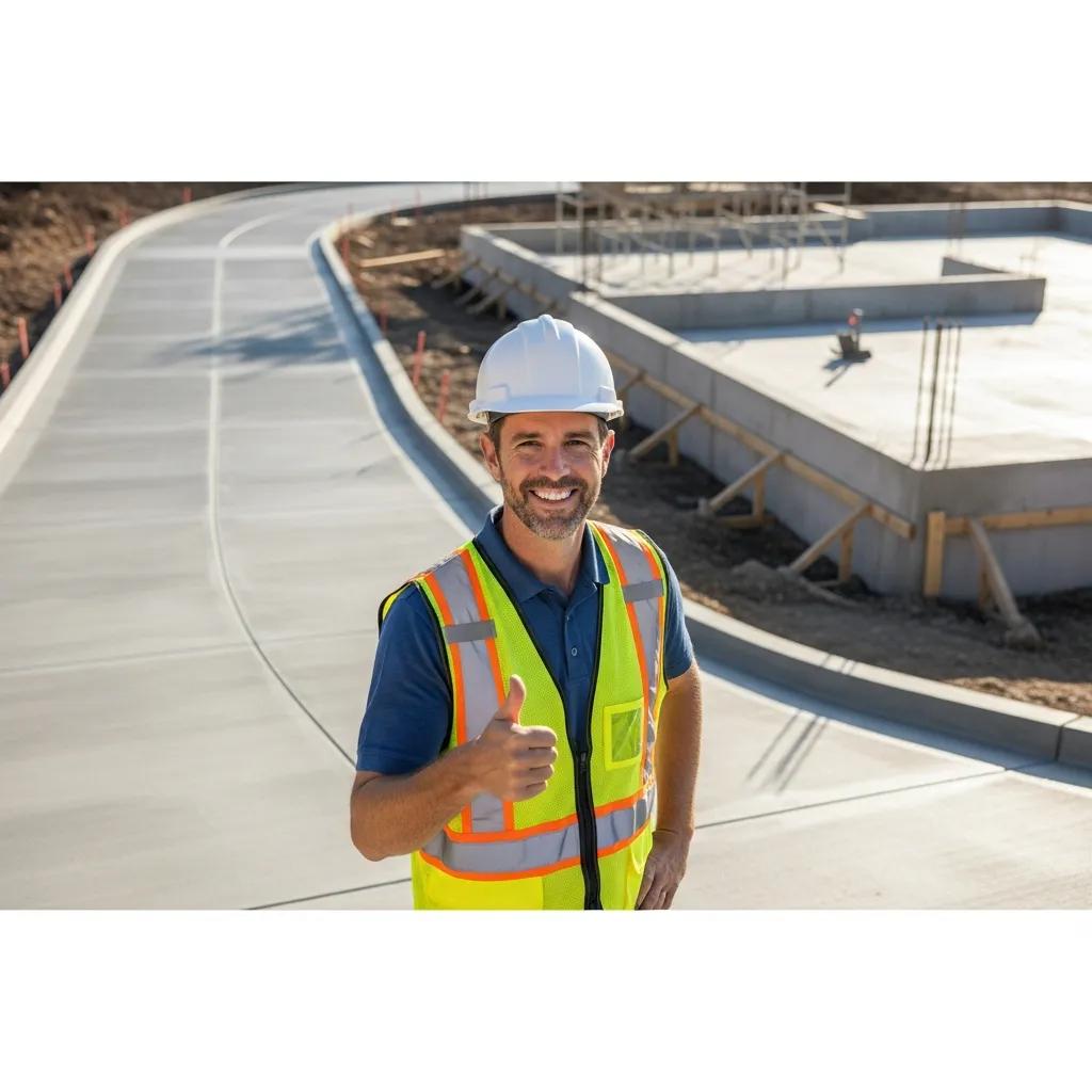 Satisfied client in front of a completed commercial concrete project