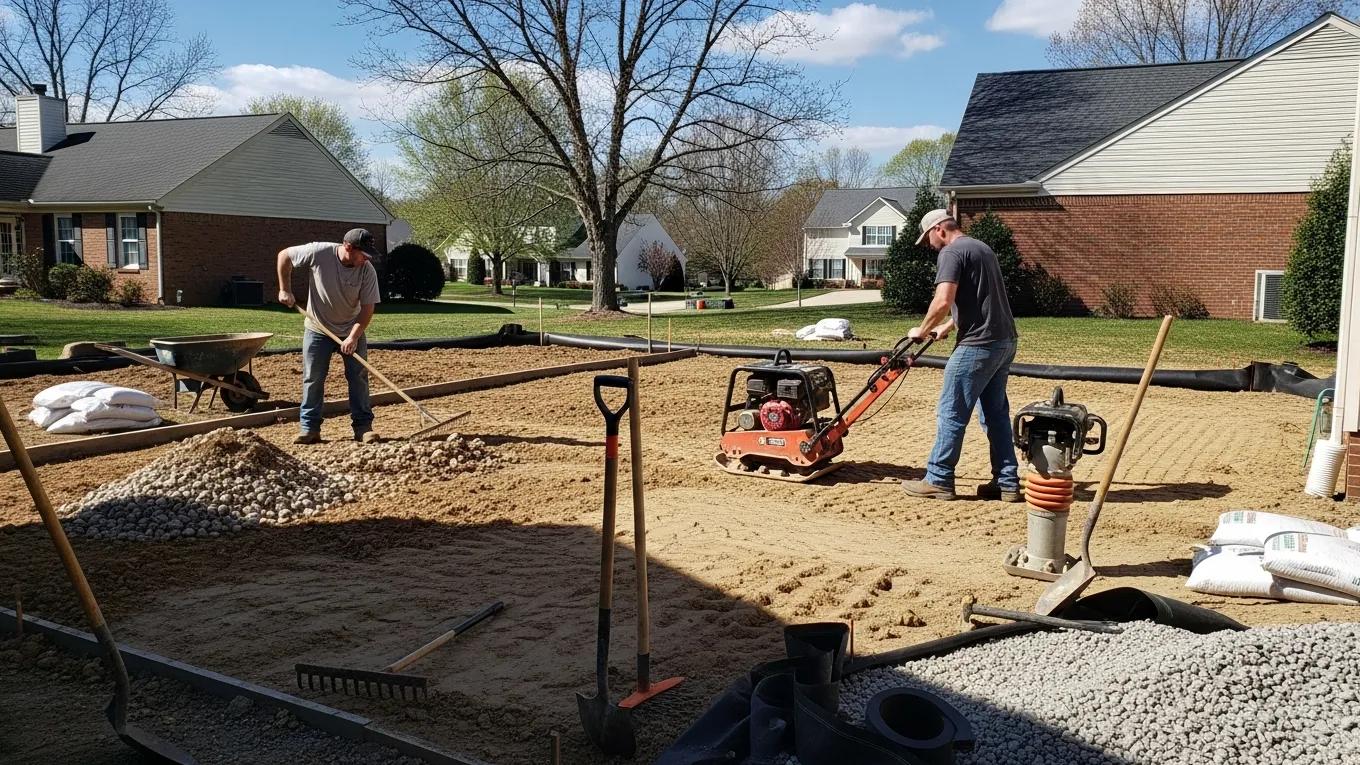 Site preparation for concrete patio installation, highlighting clearing and grading processes