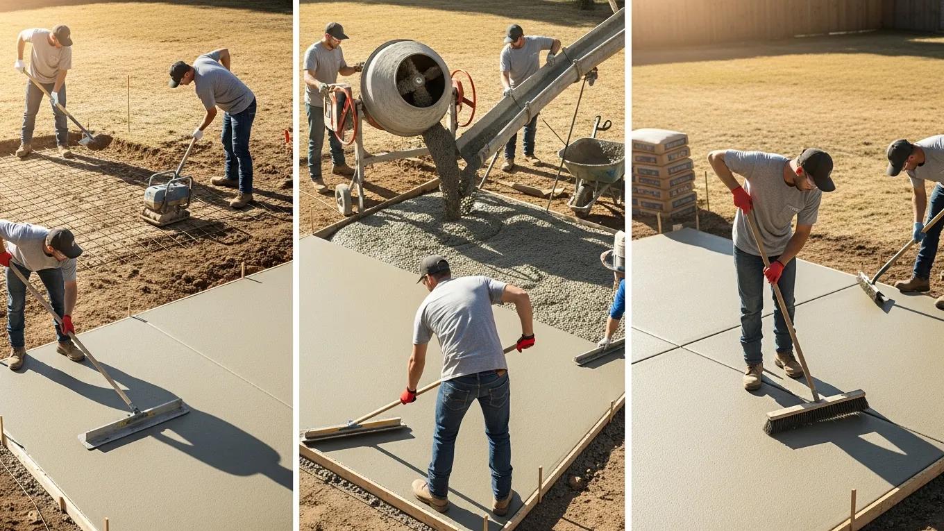 Workers installing a concrete patio, illustrating the key steps in the installation process with tools and materials