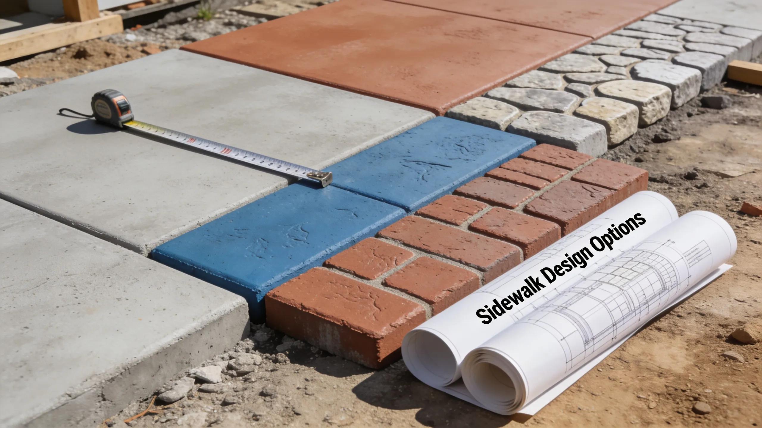 Various sidewalk designs and samples on a construction site with measuring tools