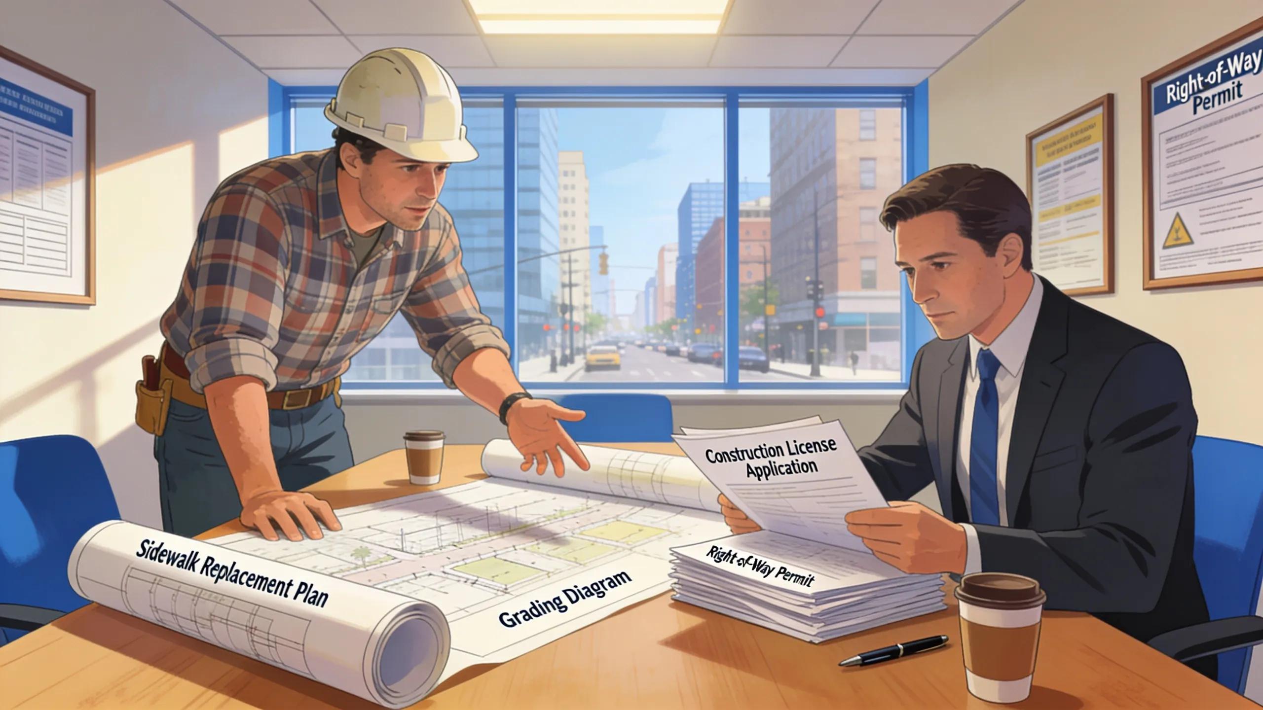 Contractor discussing sidewalk construction plans with city official, emphasizing the permitting process