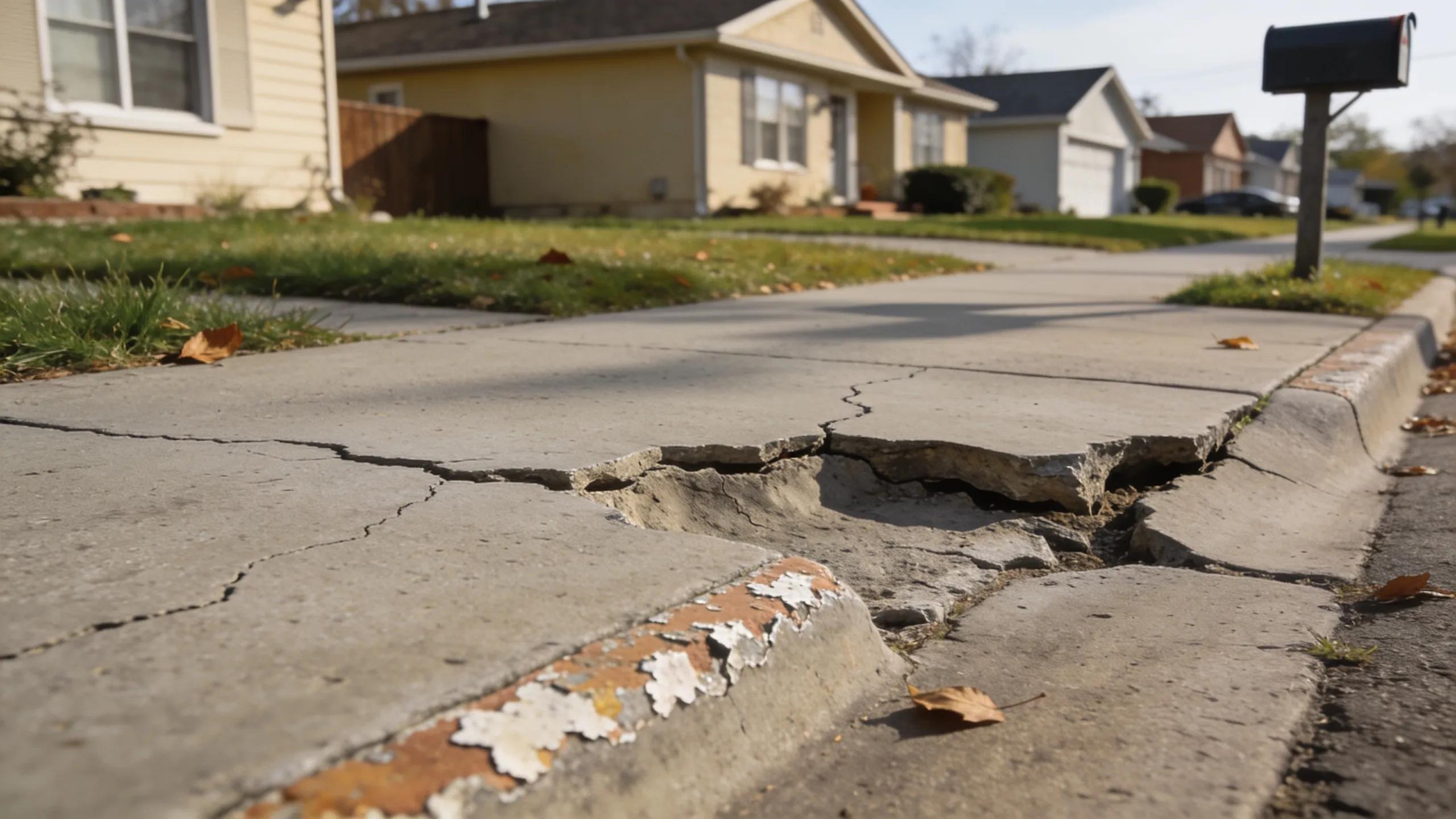 Examples of common concrete sidewalk issues such as cracks and unevenness in a suburban setting