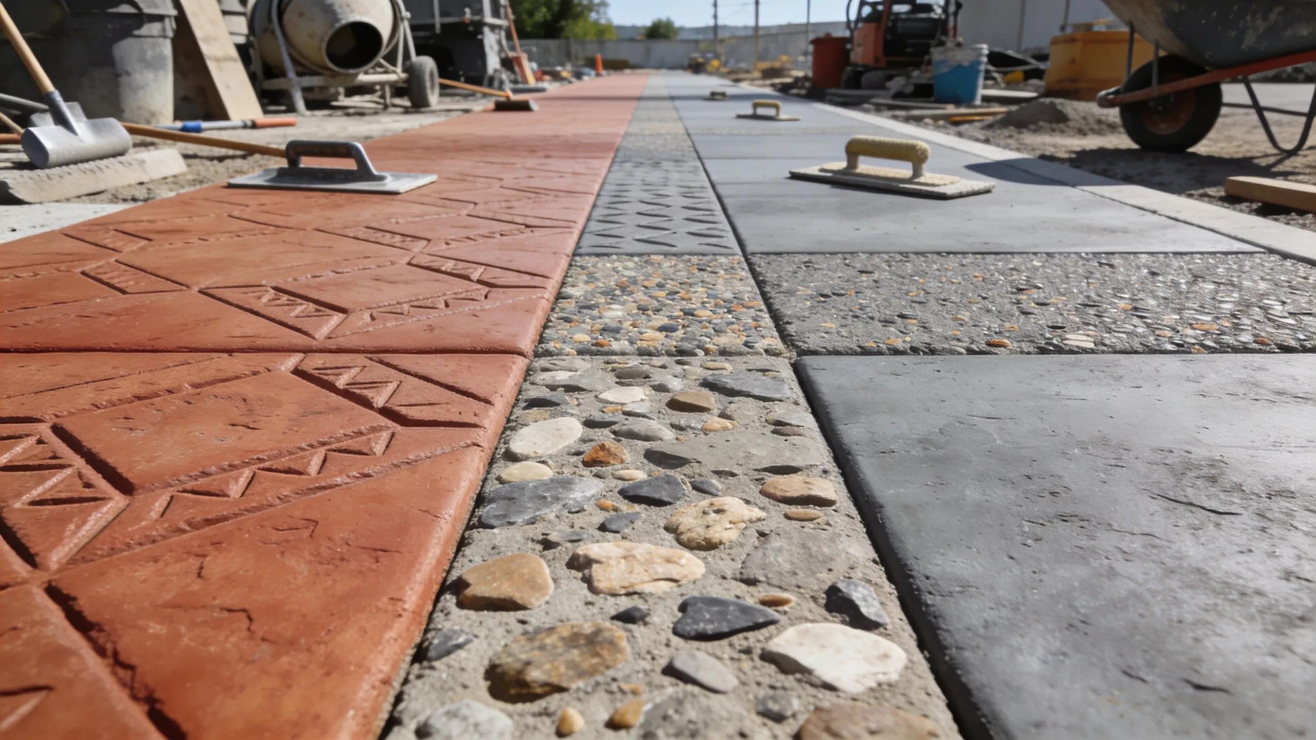 Various concrete materials for sidewalk construction, showcasing different textures and patterns