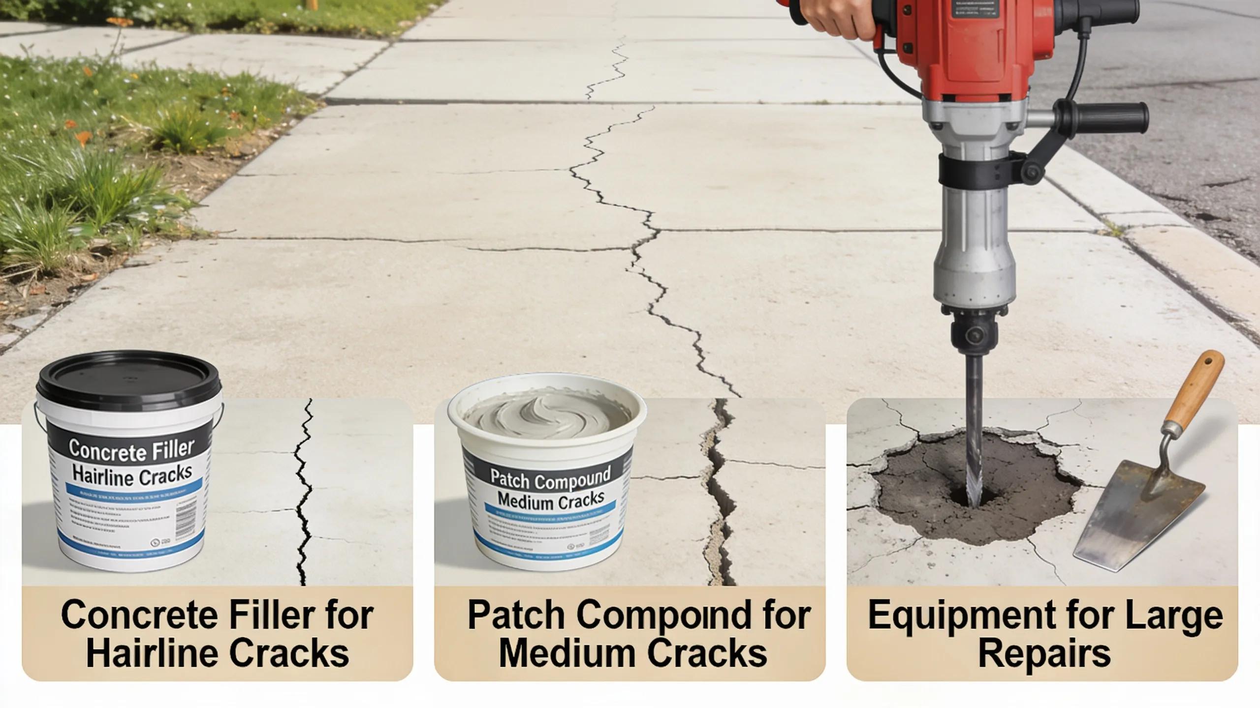 Different concrete repair materials and tools for addressing sidewalk cracks and damage