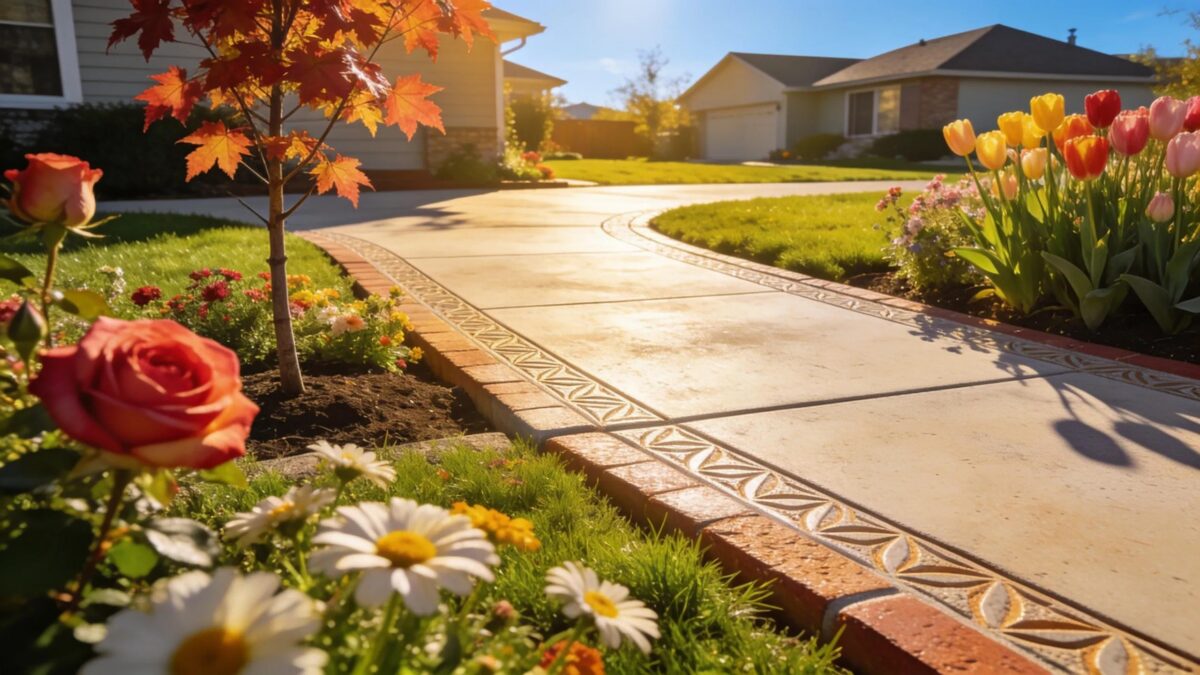 Newly installed concrete sidewalk showcasing decorative finishes in a vibrant outdoor residential setting