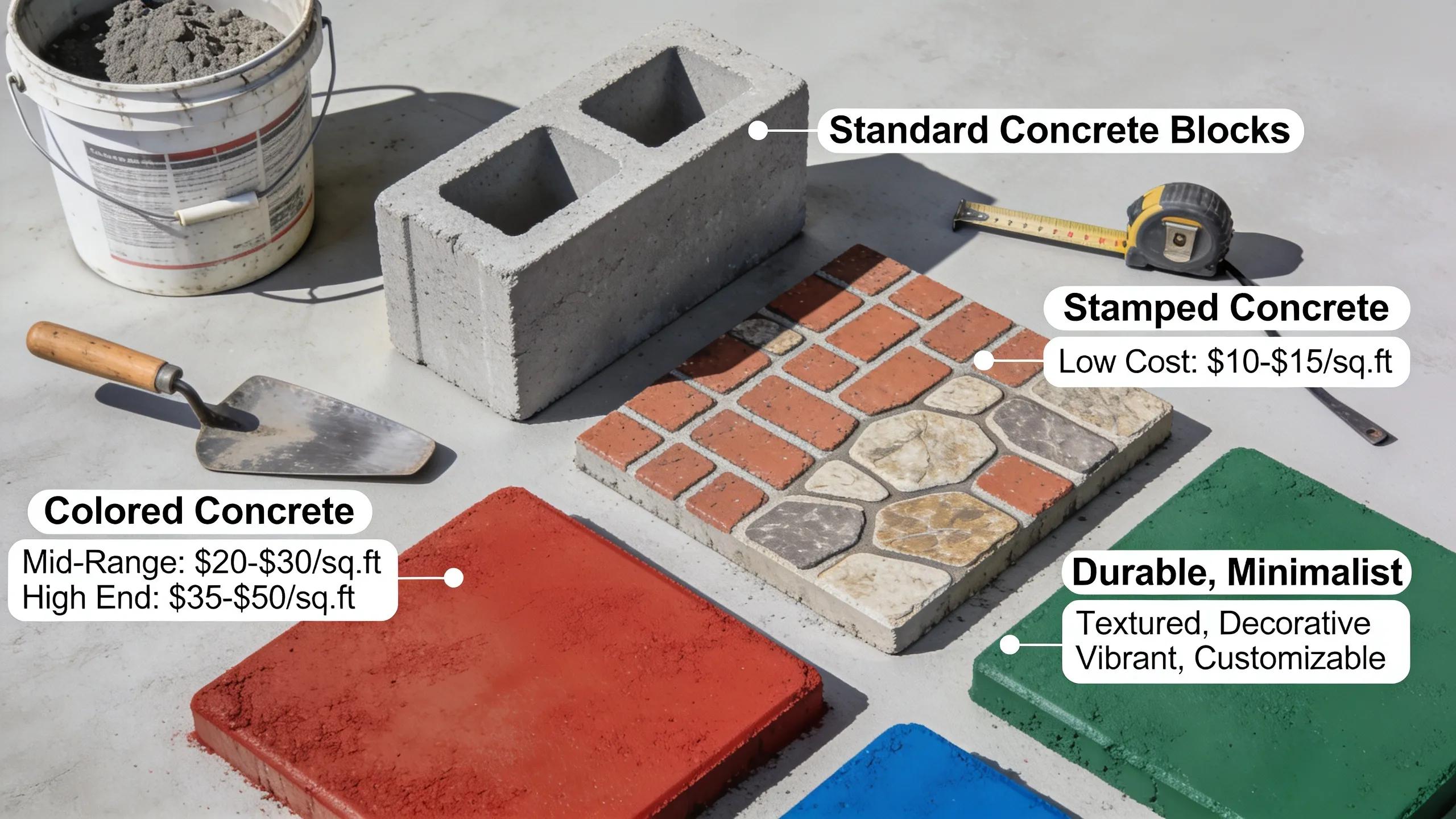 Variety of concrete materials including standard and decorative options, illustrating costs and choices for sidewalk installation