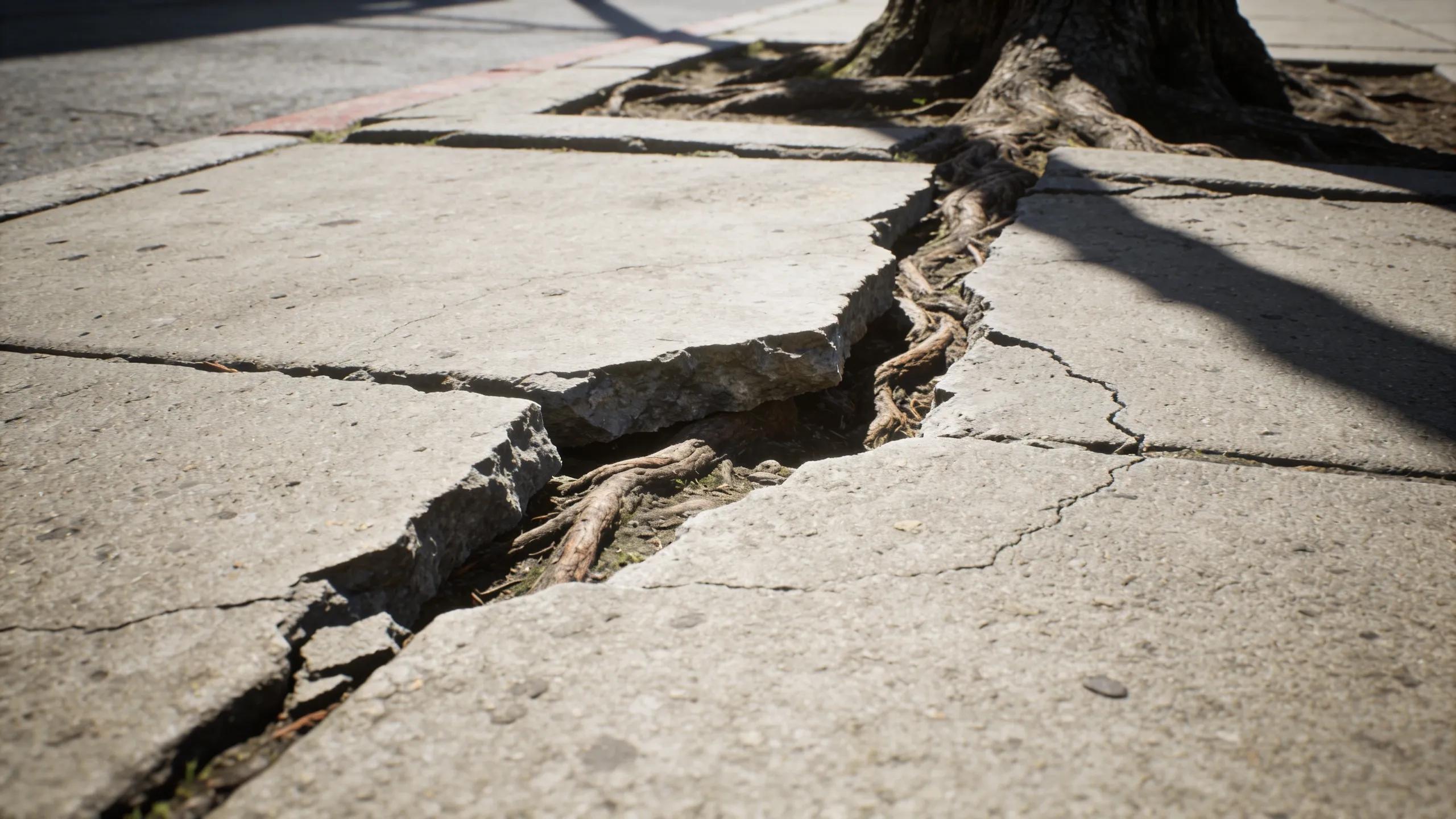 Uneven concrete sidewalk showing trip hazards caused by soil movement and tree roots