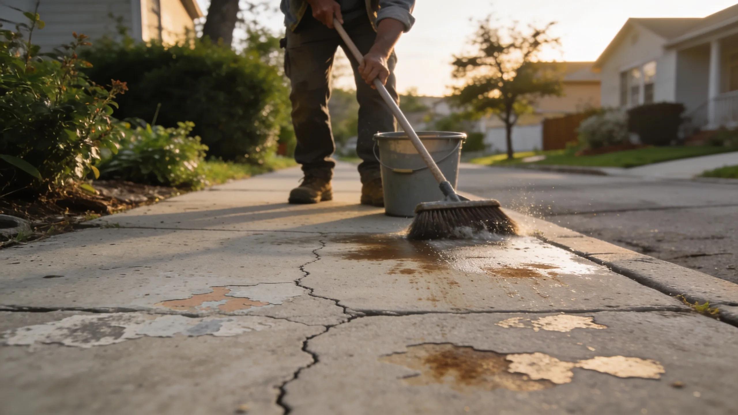 Image of surface wear on a sidewalk with a person cleaning, highlighting maintenance importance for homeowners