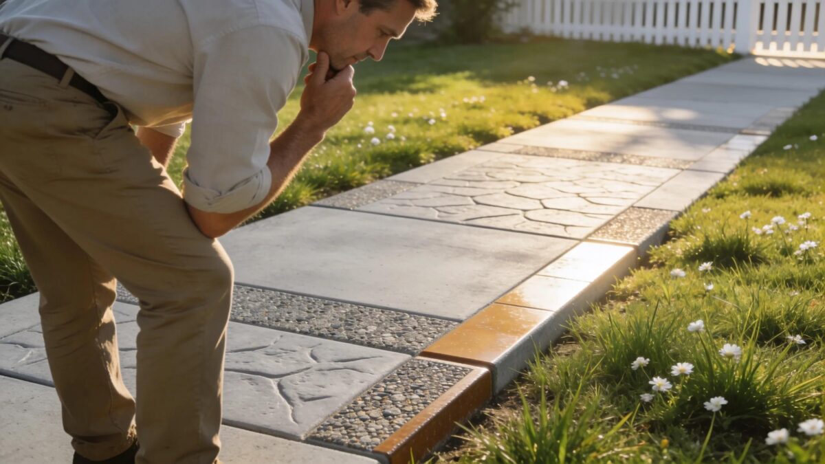 Concrete sidewalk showcasing various textures and finishes with a property owner inspecting it