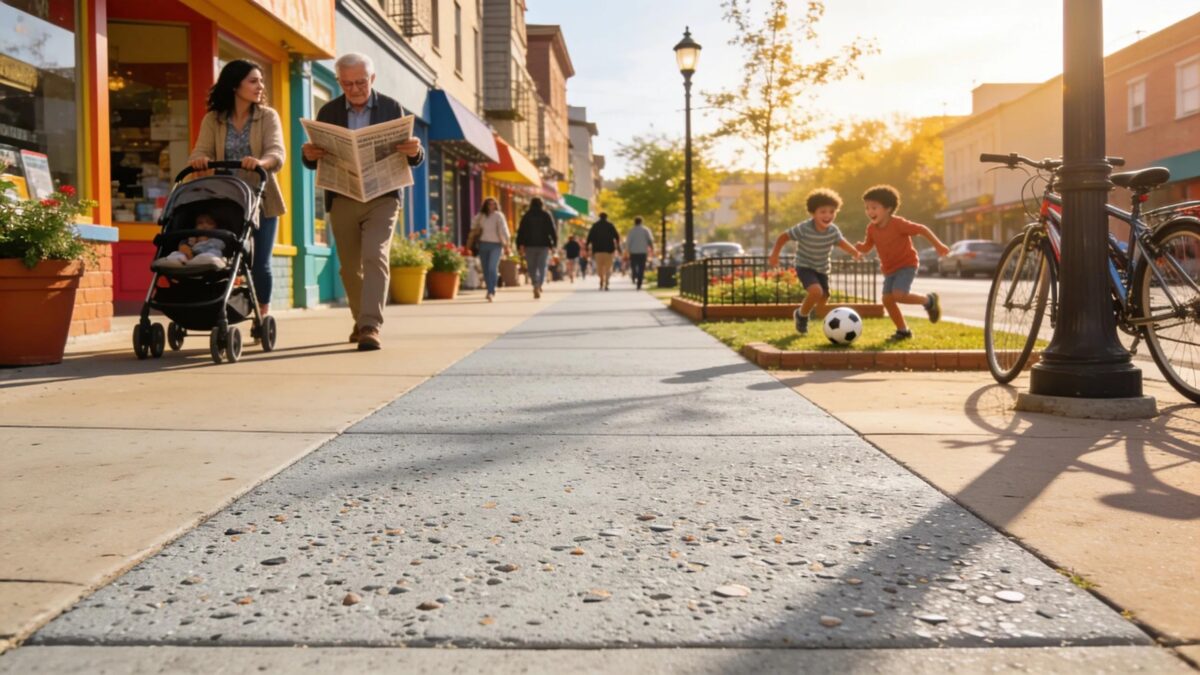 Residential concrete sidewalks showcasing accessibility and aesthetic appeal in a lively neighborhood