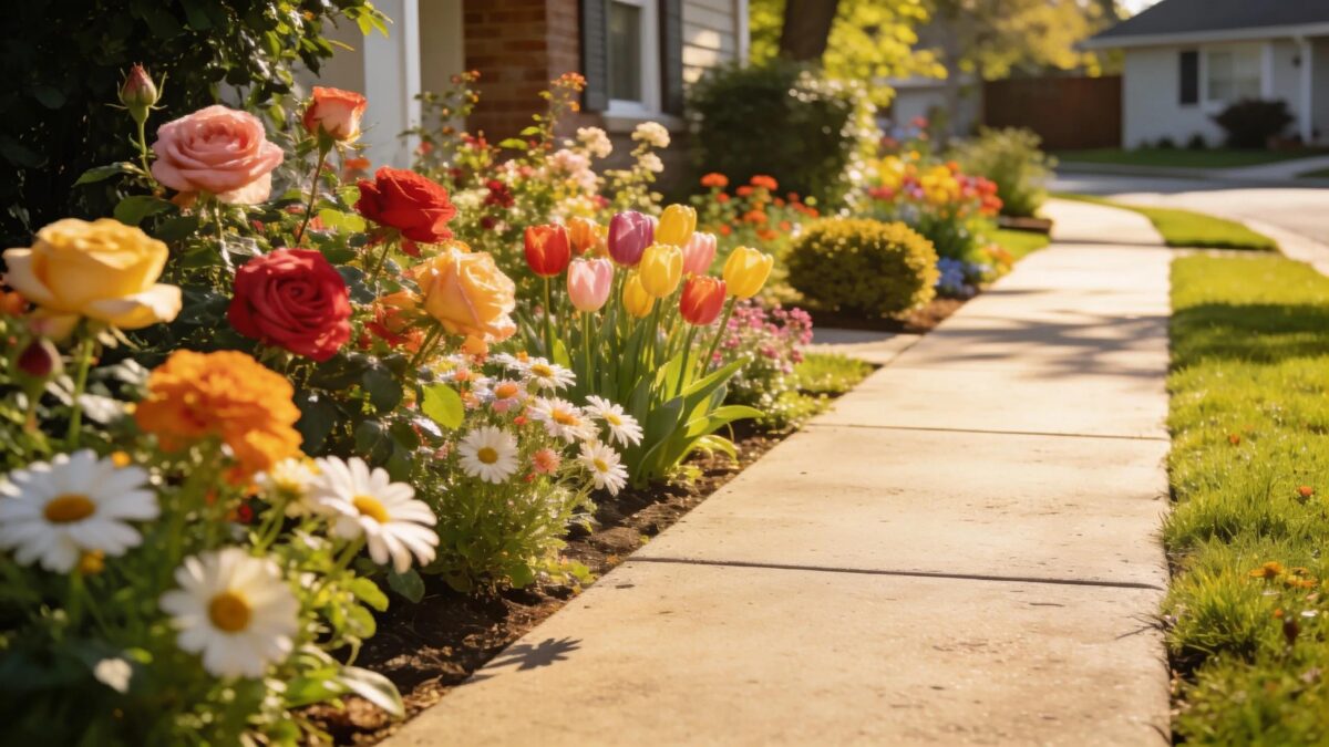 Well-maintained concrete sidewalk with vibrant flowers, reflecting aesthetic principles of sidewalk care