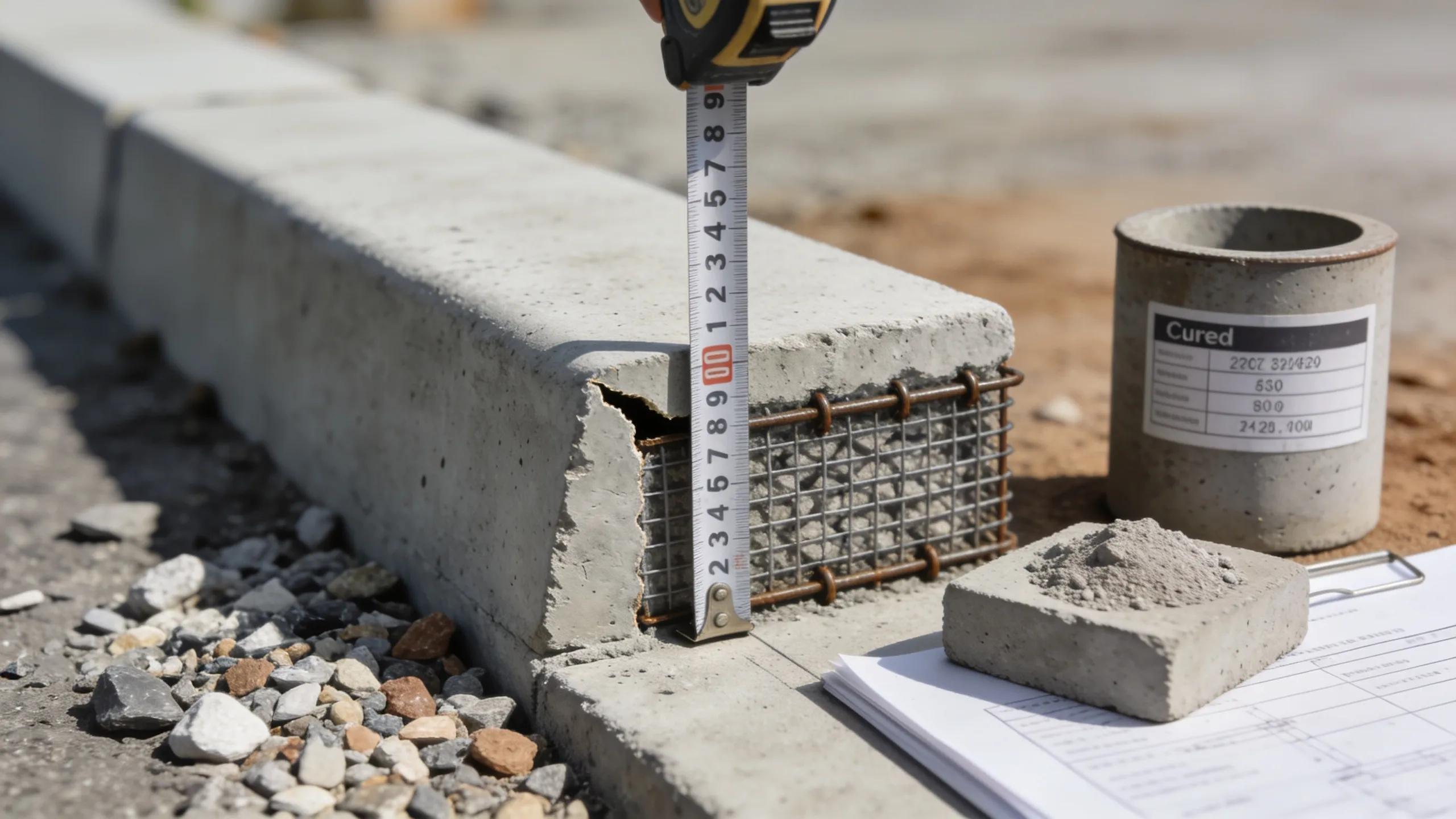 Close-up view of concrete sidewalk measurement, highlighting technical standards for construction and materials