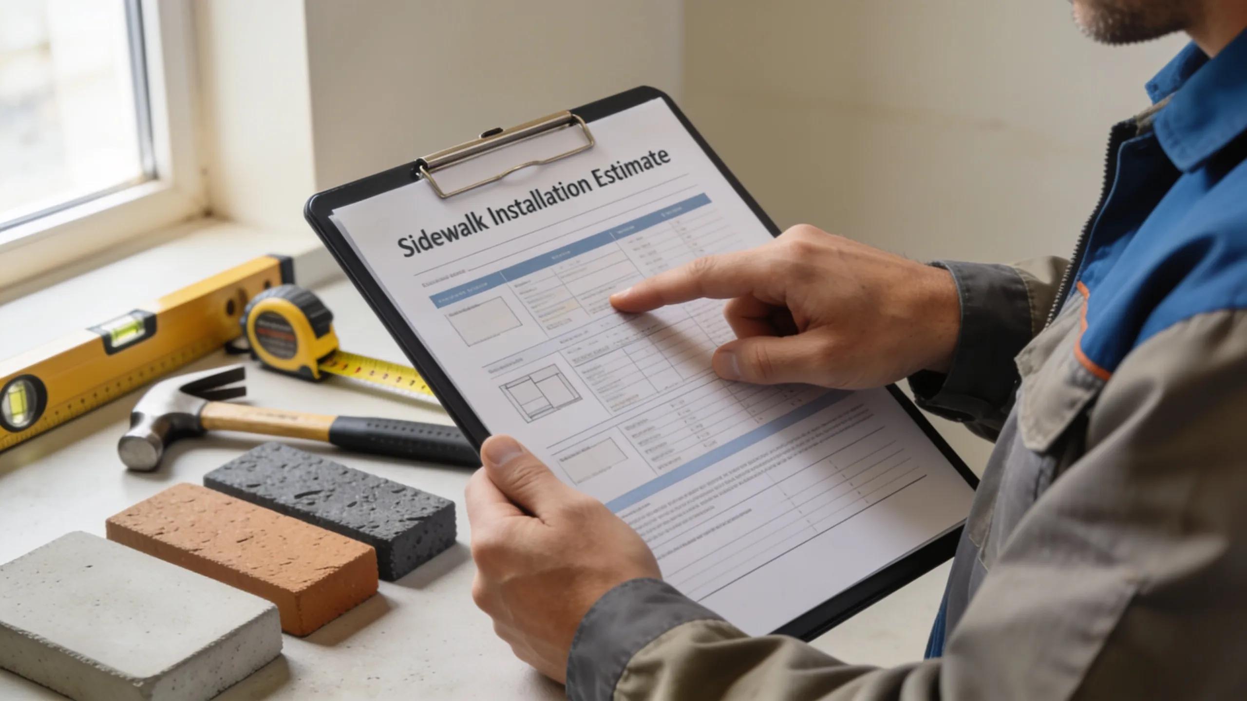 Contractor reviewing sidewalk installation estimate with construction tools nearby