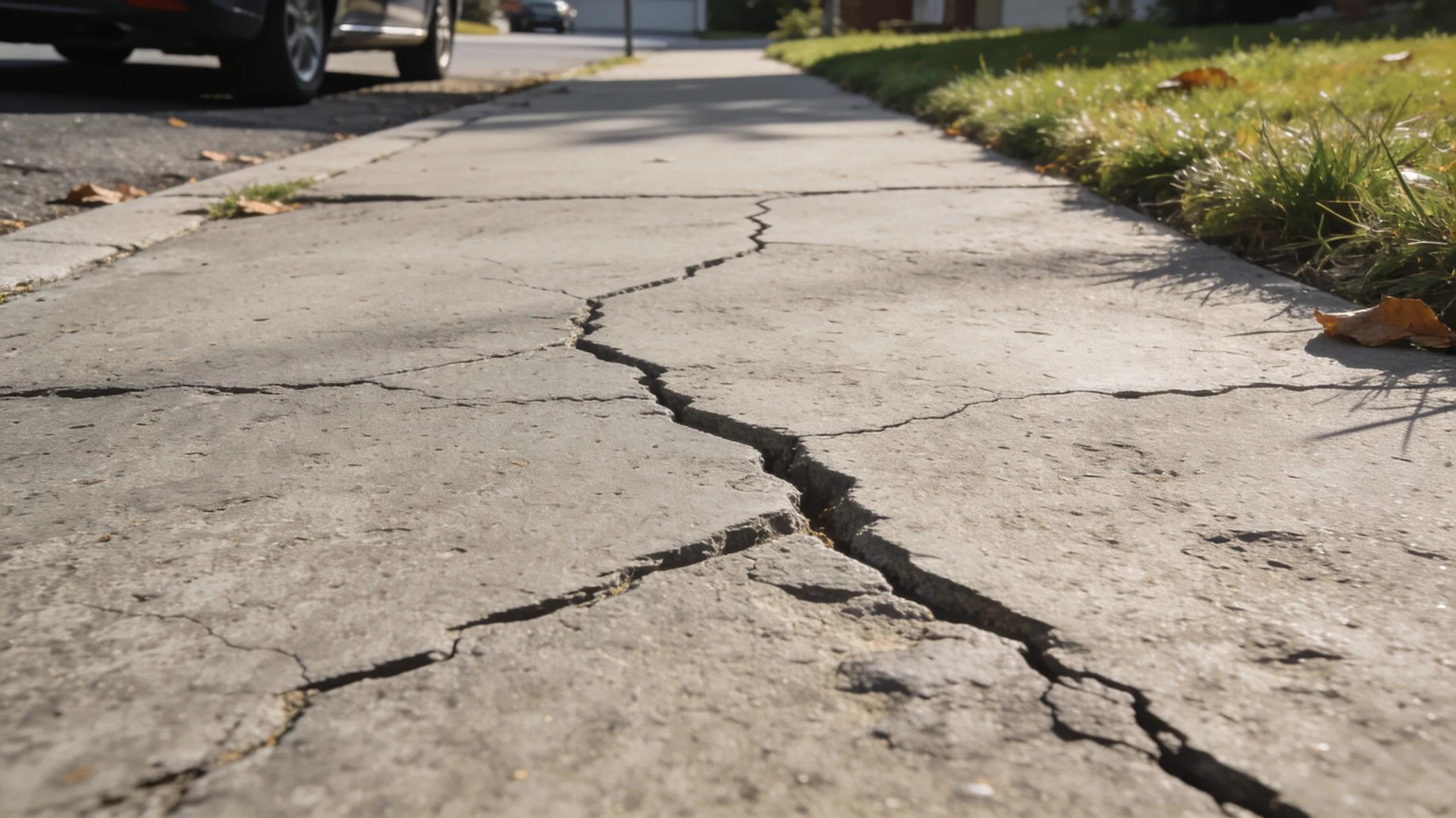 Detailed view of cracked concrete sidewalk showing various fissures and environmental impact