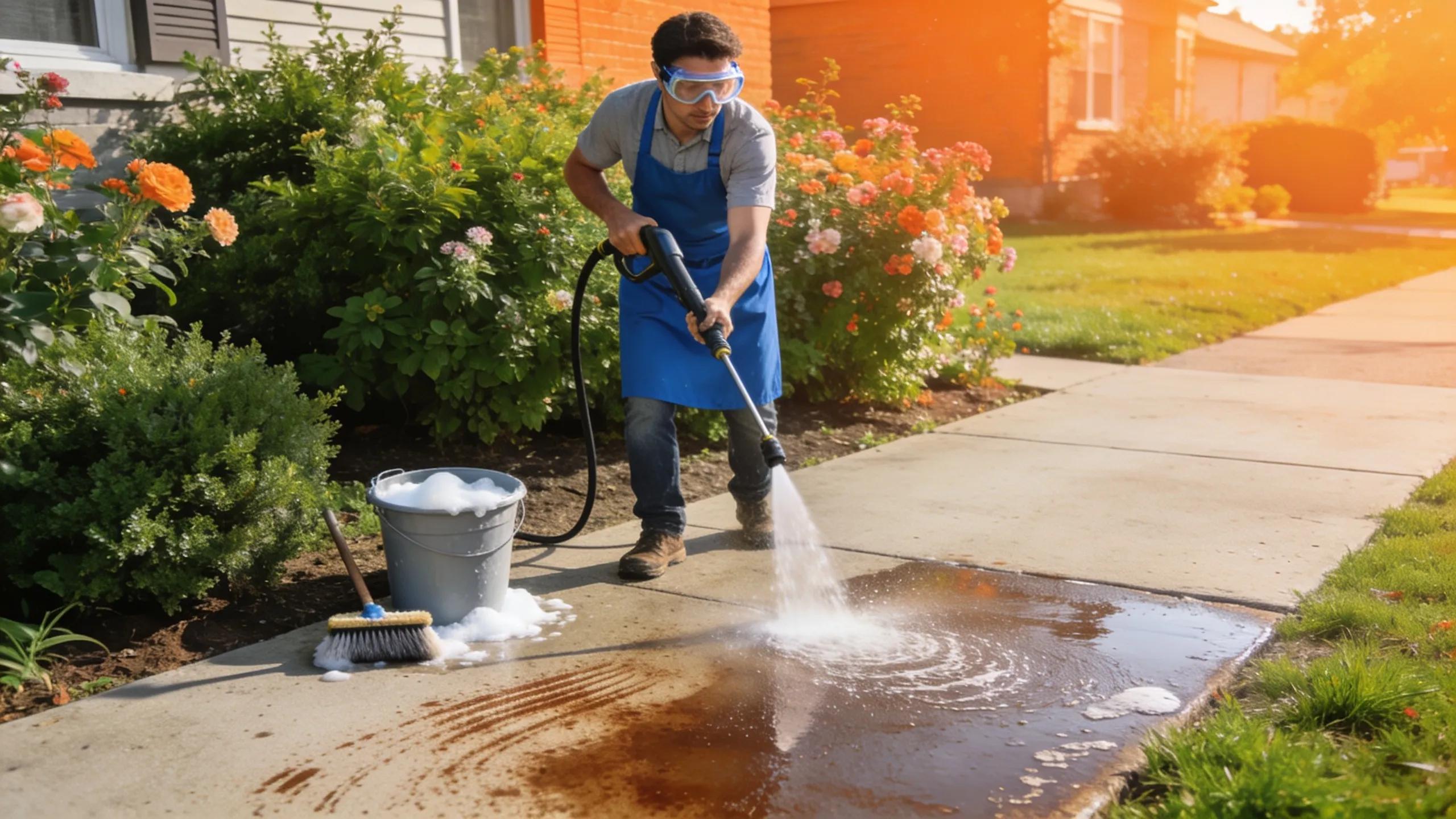 Homeowner maintaining their concrete sidewalk with cleaning tools, showcasing effective maintenance strategies