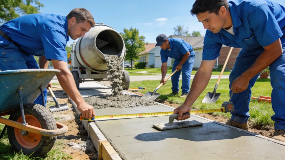 Concrete sidewalk installation workers measuring and pouring concrete in a bright suburban setting