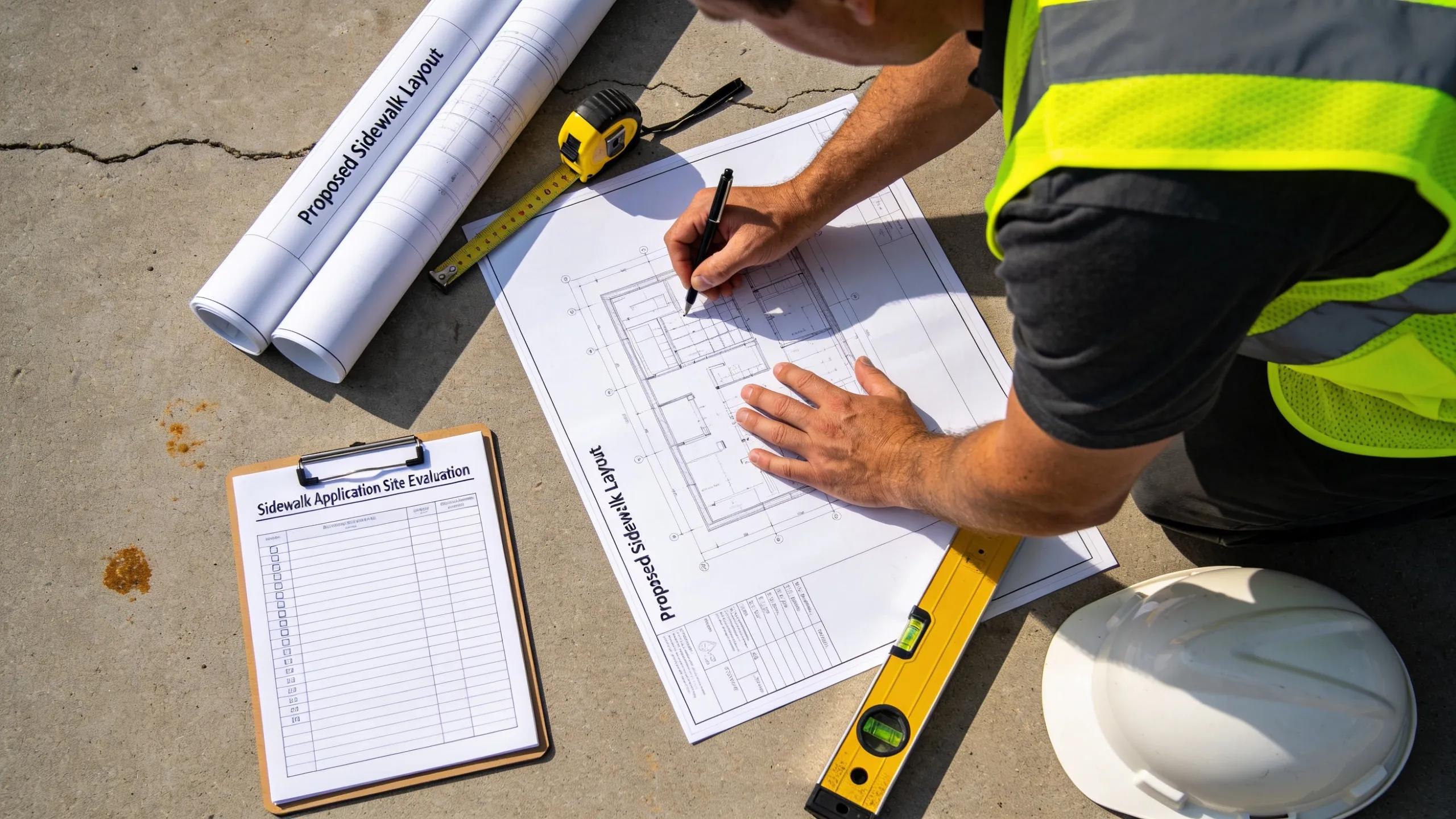Site evaluation for sidewalk permit application with checklist and construction drawings