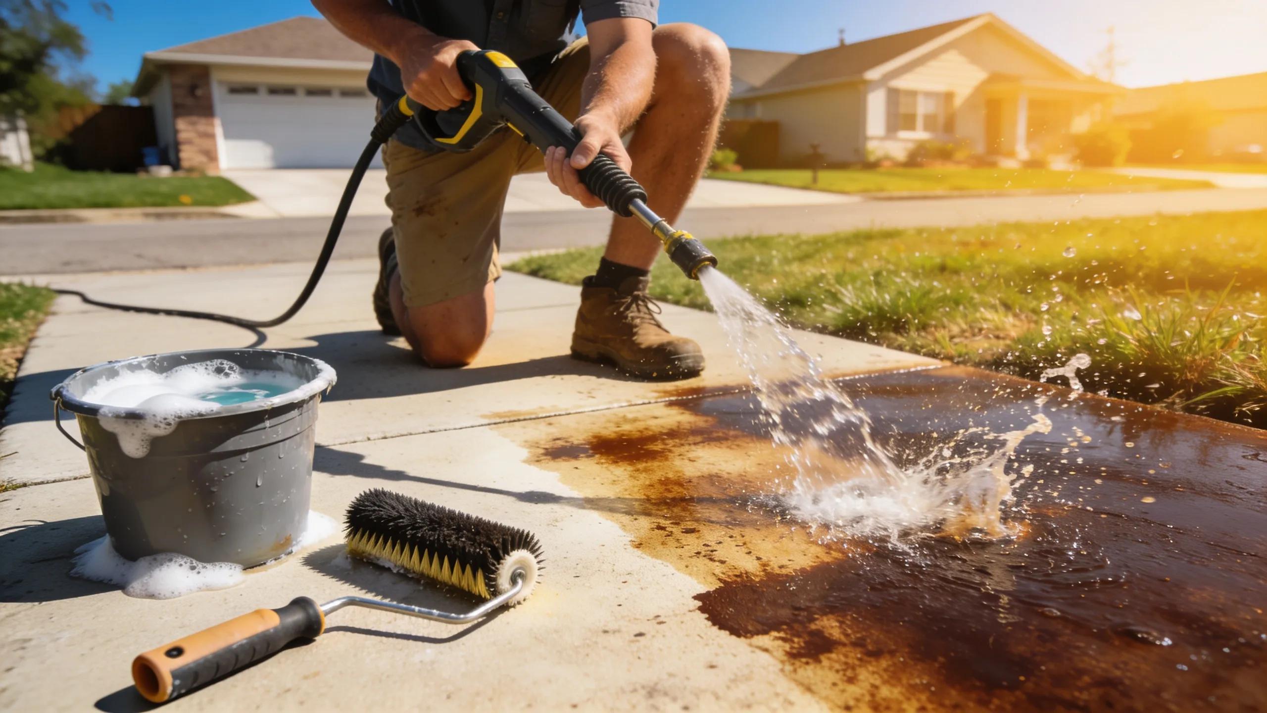 Homeowner engaged in maintenance of a concrete sidewalk, showcasing cleaning and sealing techniques for longevity
