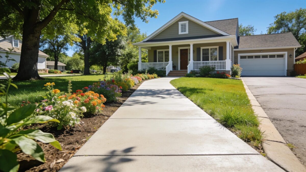Freshly installed concrete sidewalk in a suburban neighborhood with a charming home