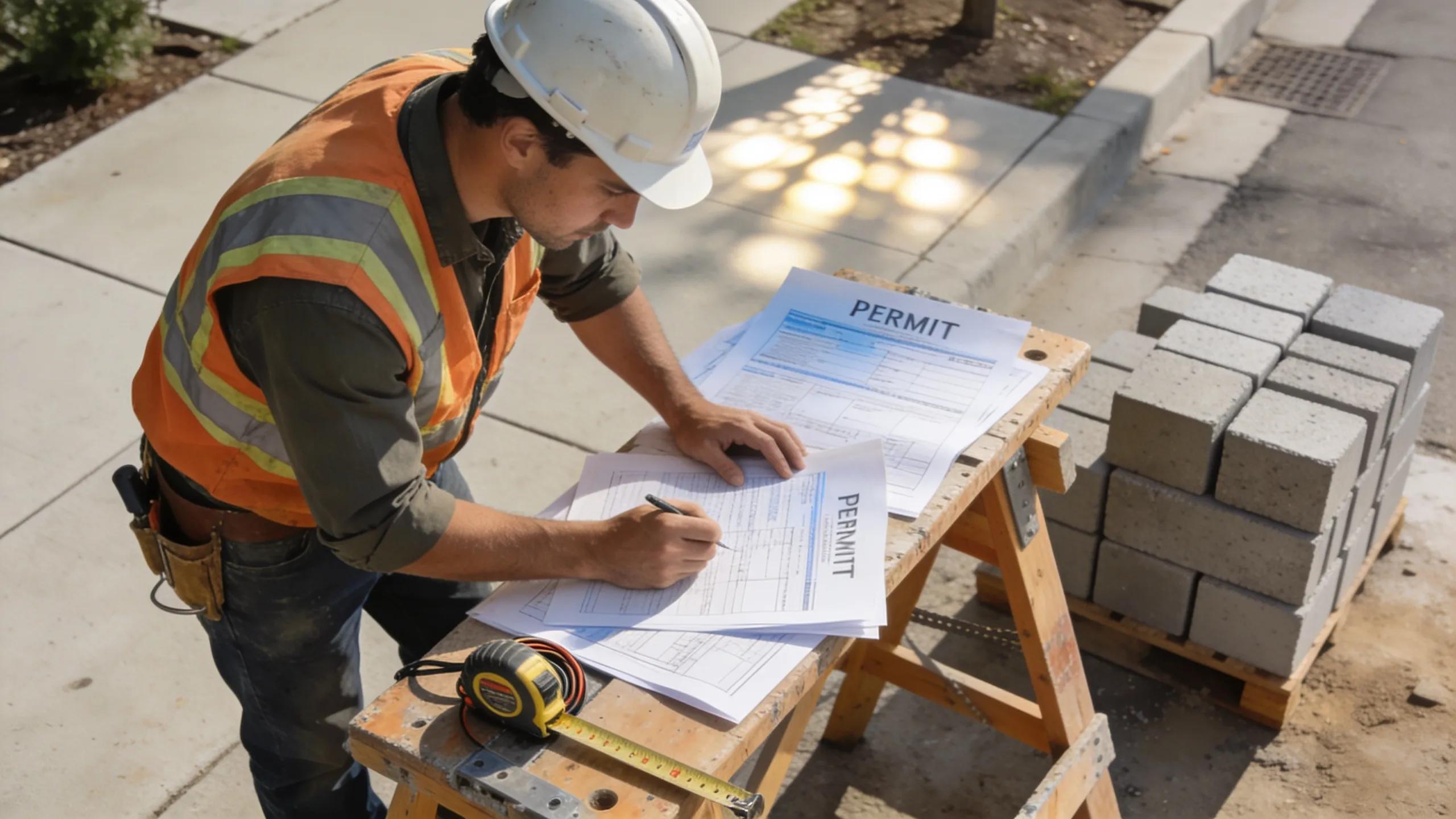 Construction professional reviewing concrete sidewalk permit documentation at job site