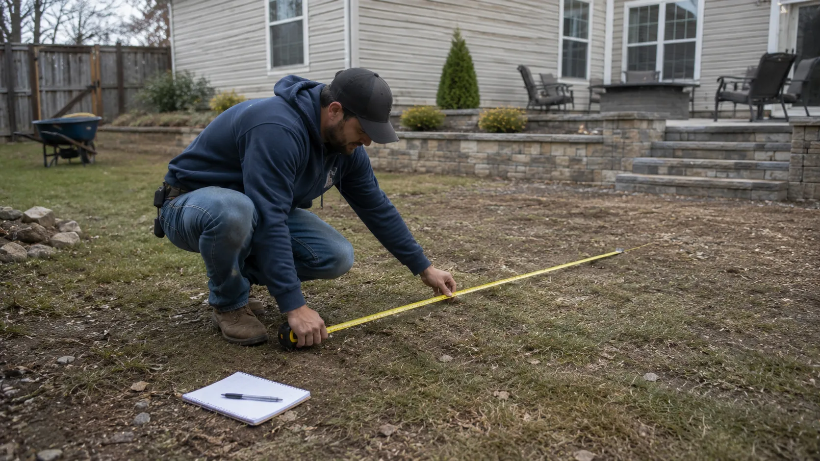 Homeowner meeting with a contractor for an in-person patio estimate