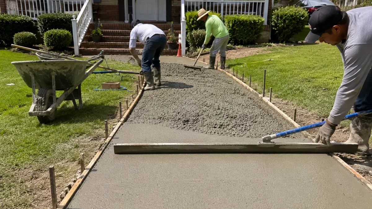 Freshly poured concrete sidewalk in a Fredericksburg residential neighborhood