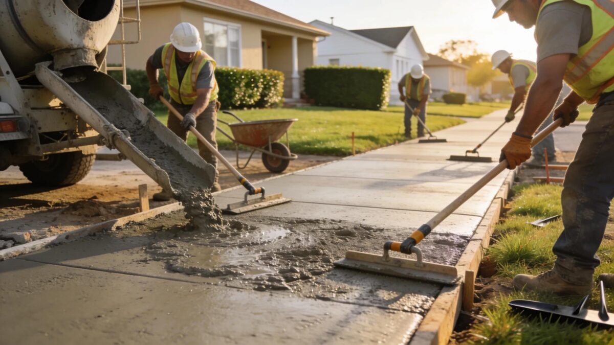 Construction workers installing a high-quality concrete sidewalk in a residential area