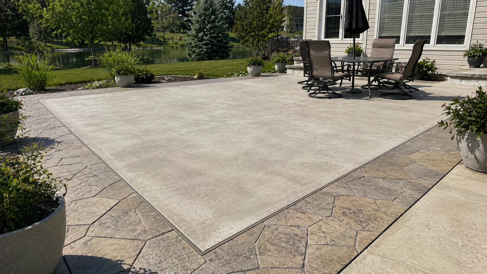 Geometric stamped concrete patio pattern with contrasting border