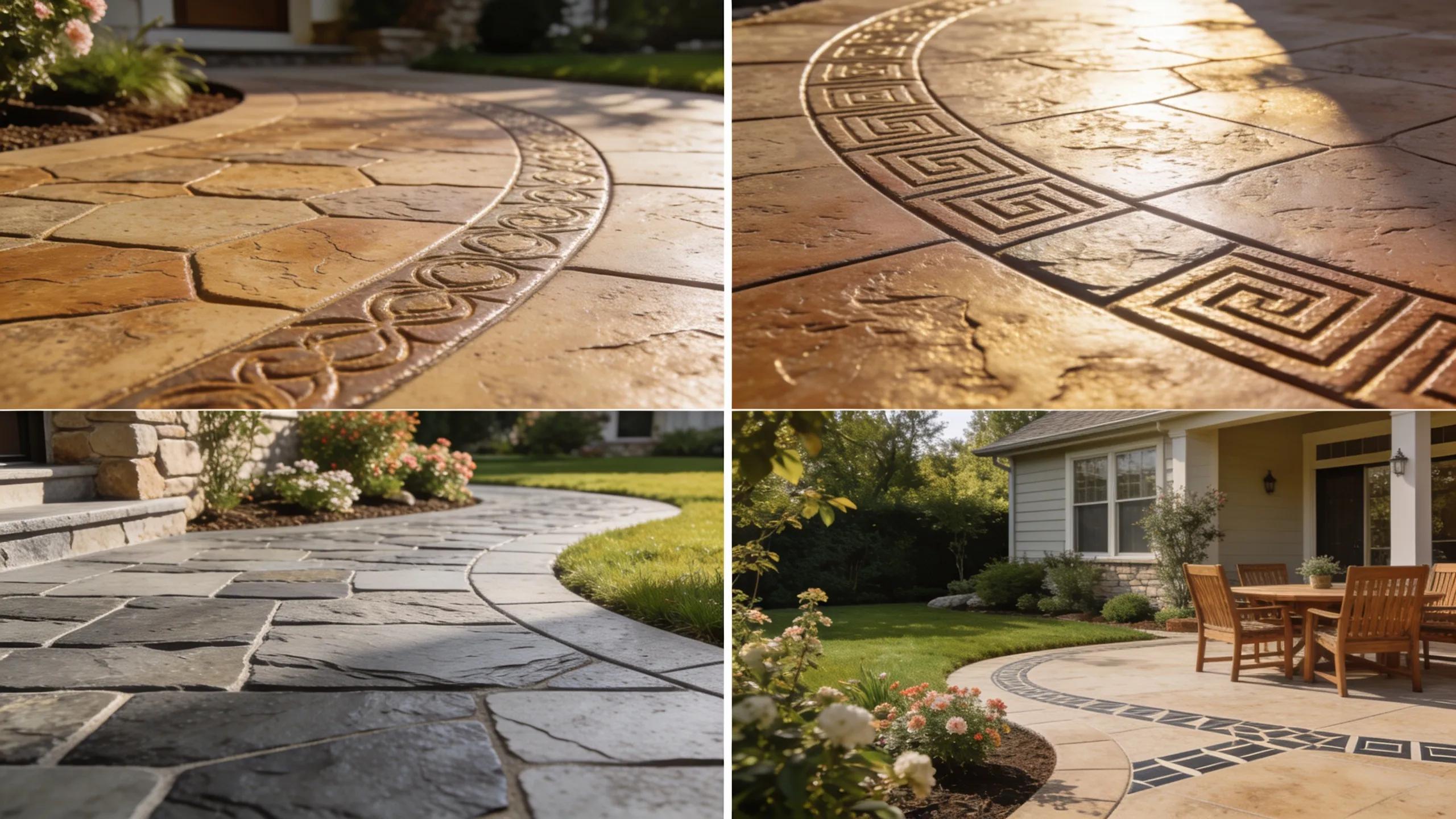 Variety of stamped concrete patterns showcasing traditional stone and modern geometric designs for patios