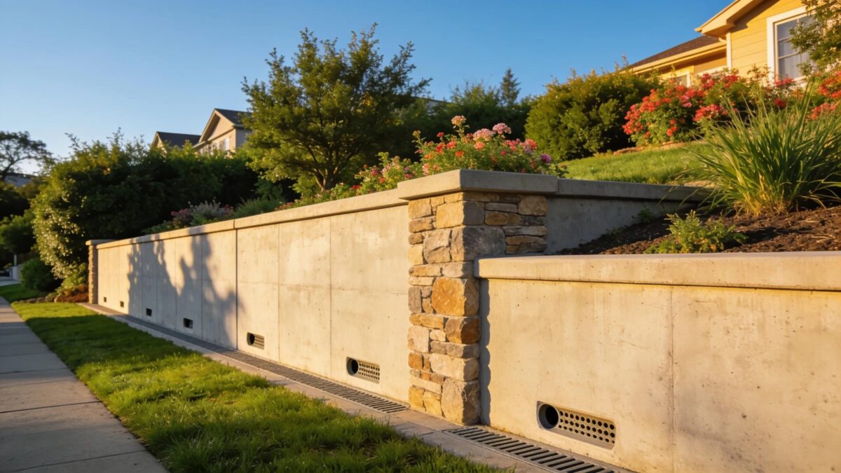 Custom concrete retaining wall in a landscaped setting, enhancing property aesthetics