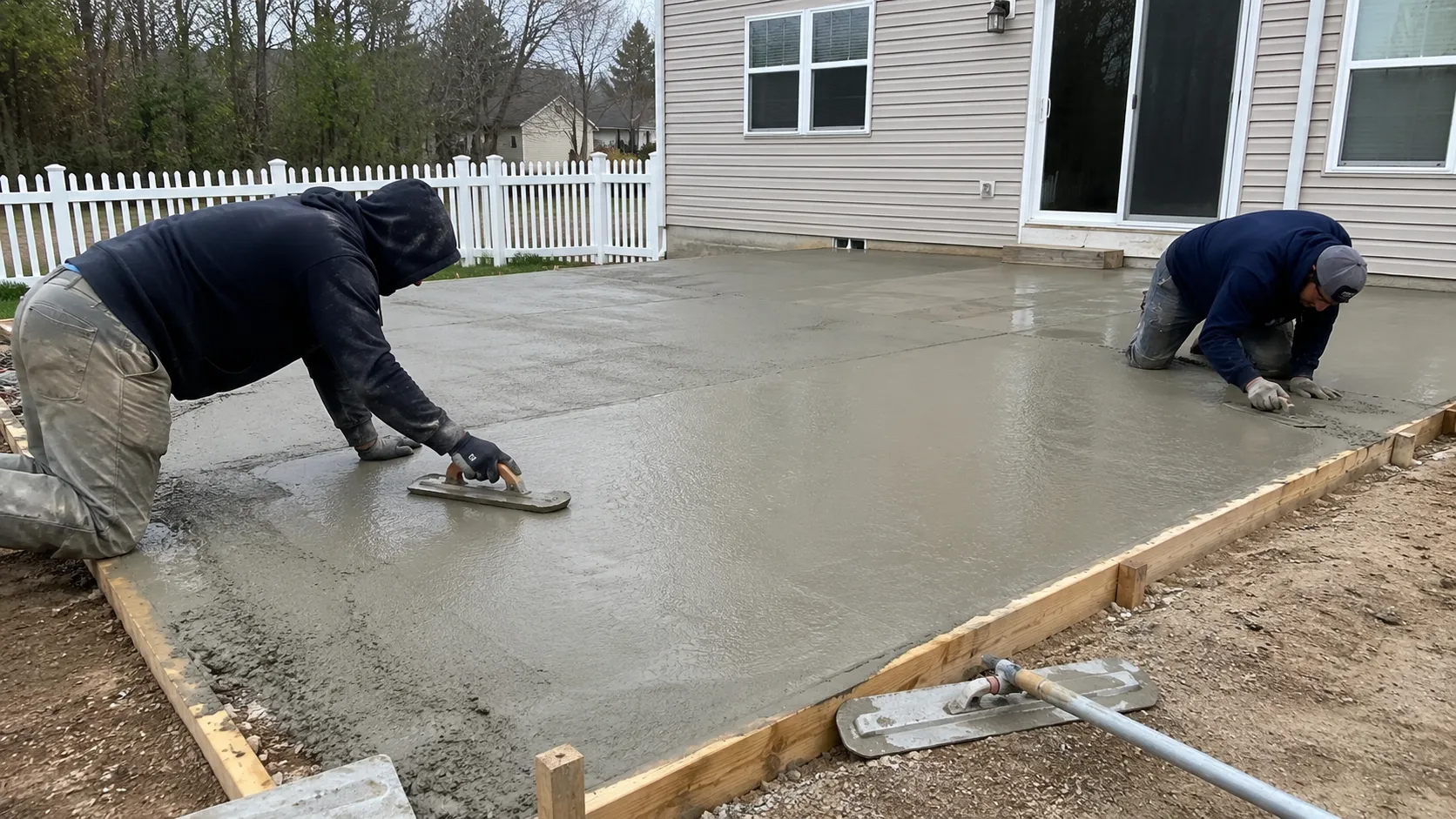 Concrete patio installation crew pouring and finishing slab