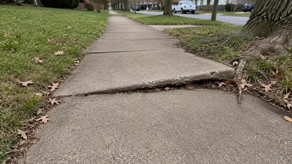 Cracked and uneven concrete sidewalk slab needing repair
