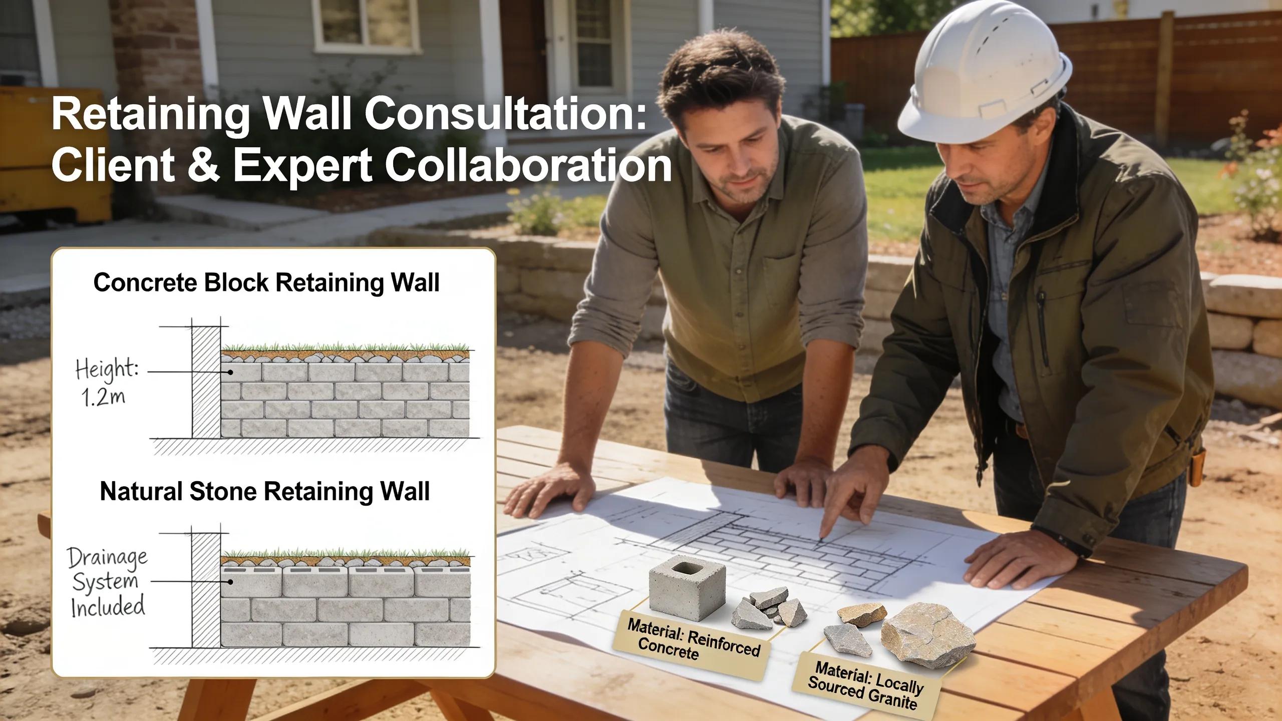 Homeowner consulting with a construction expert on retaining wall project considerations