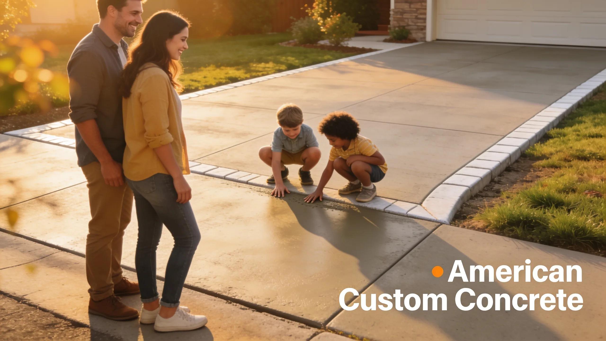 Happy homeowners experiencing satisfaction with their newly installed concrete sidewalk