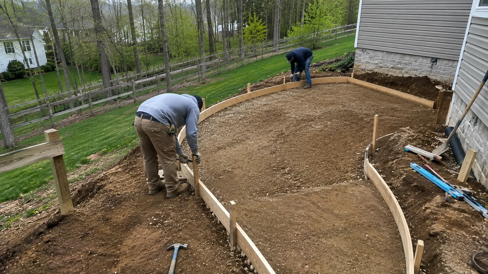 Concrete patio builder grading clay soil terrain in Stafford