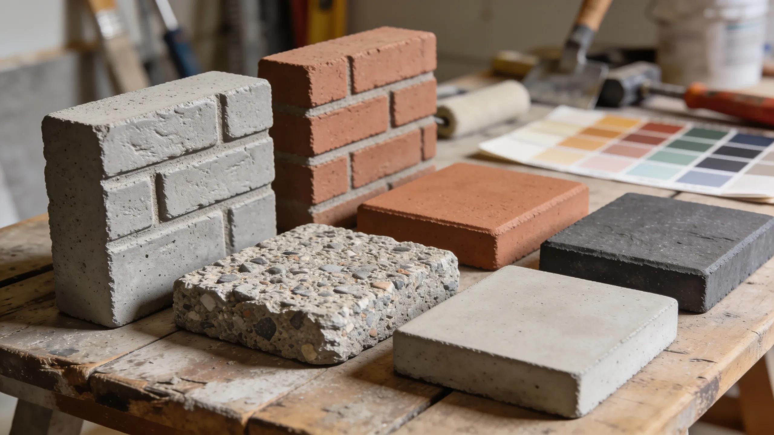 Different types of concrete samples for sidewalk installation demonstrating cost variations
