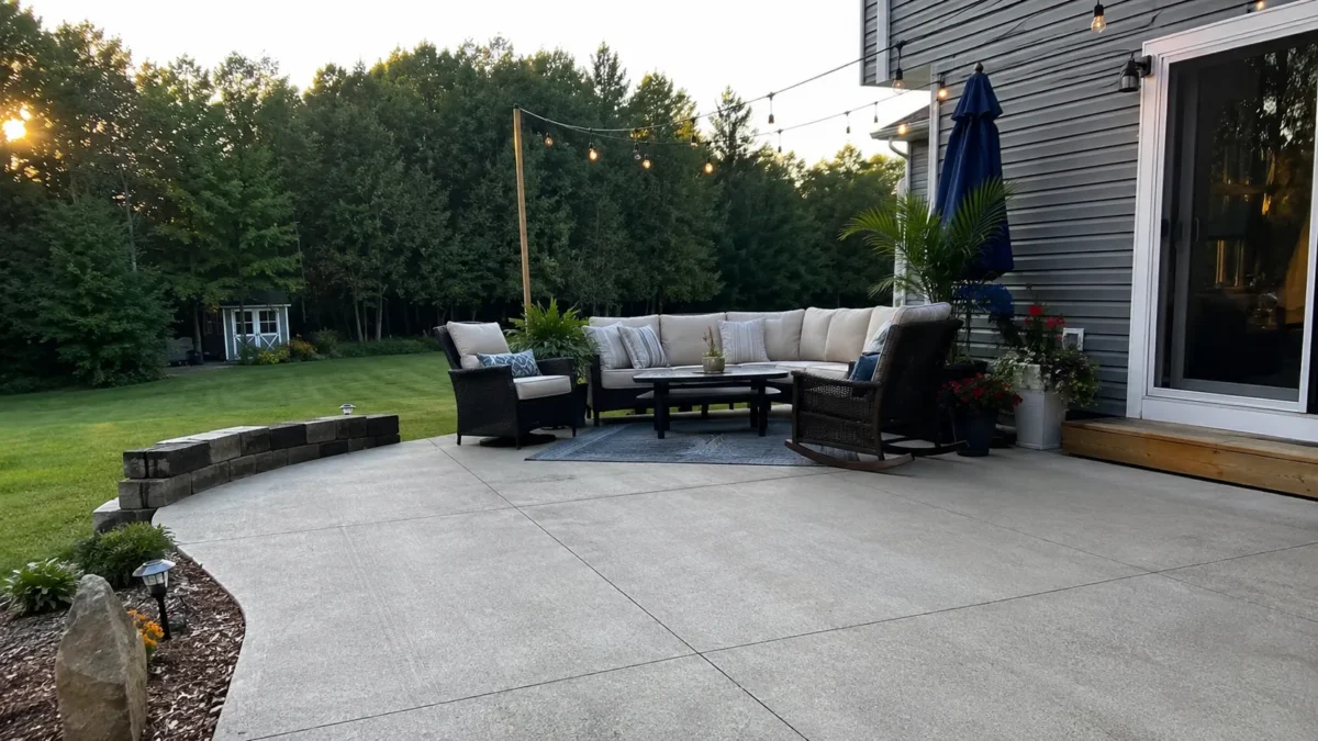 Freshly poured concrete patio in a Fredericksburg backyard