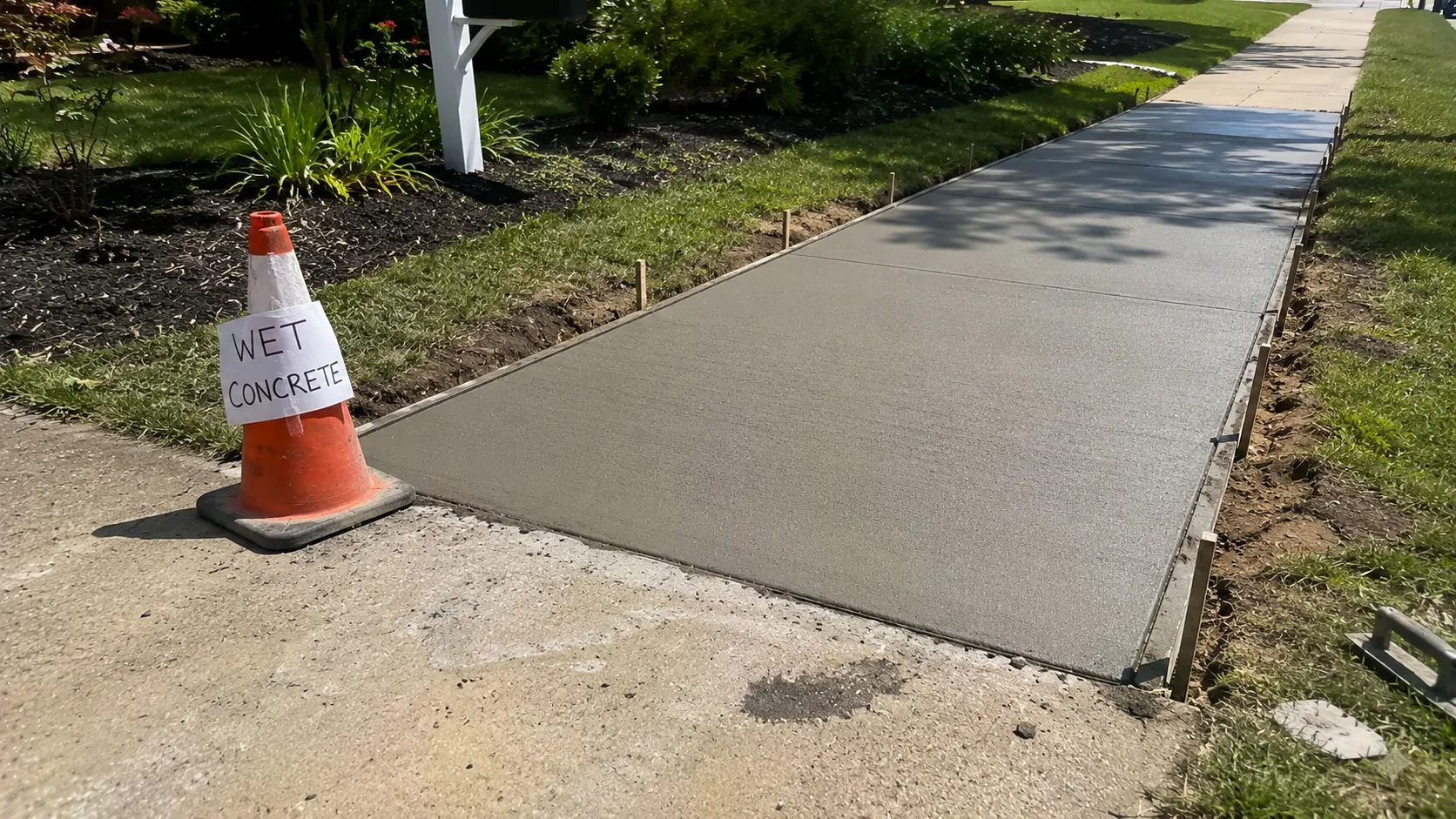 Newly poured concrete sidewalk curing before regular foot traffic use