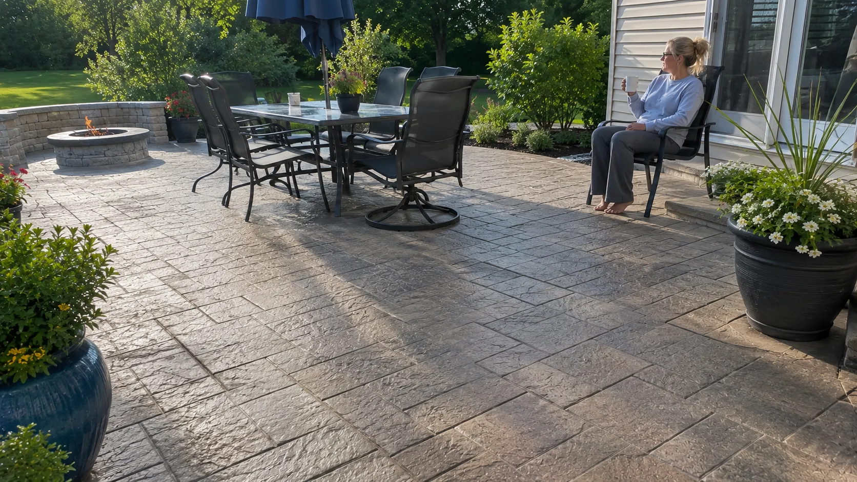 Homeowner reviewing completed patio project with contractor