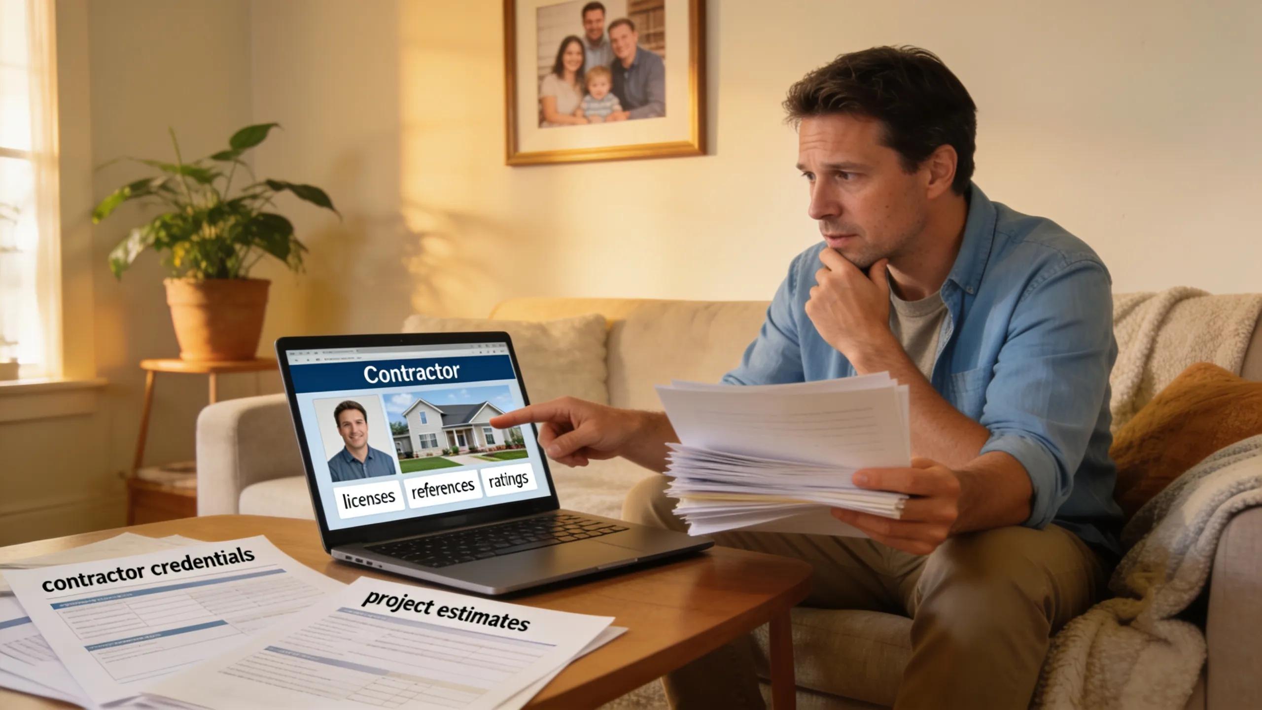 Homeowner evaluating credentials of a contractor for sidewalk installation
