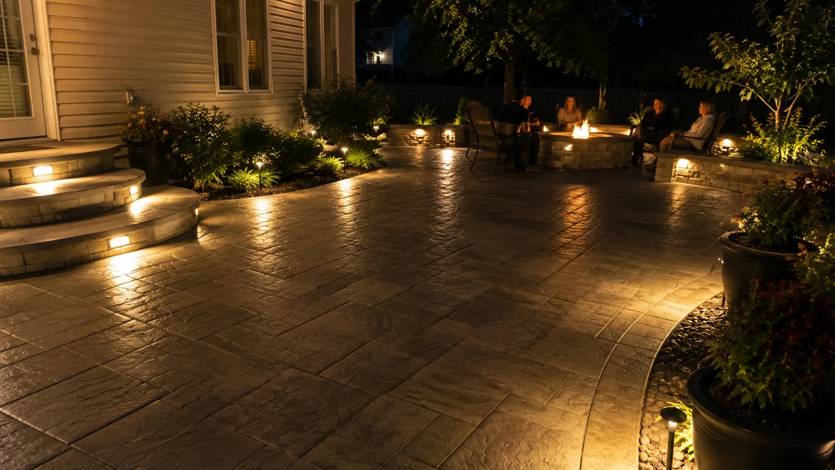 Integrated low-voltage lighting along a modern concrete patio at dusk