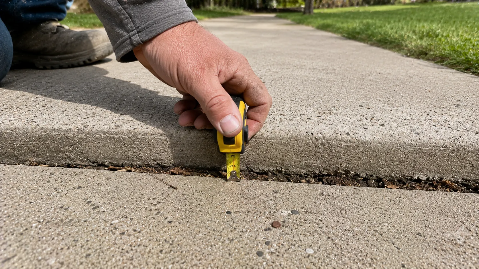 Contractor inspecting sidewalk slab base stability before repair