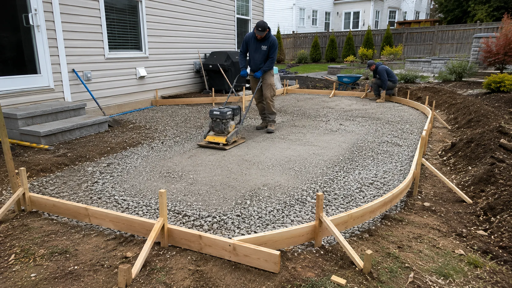 Crew preparing graded and compacted base before concrete pour