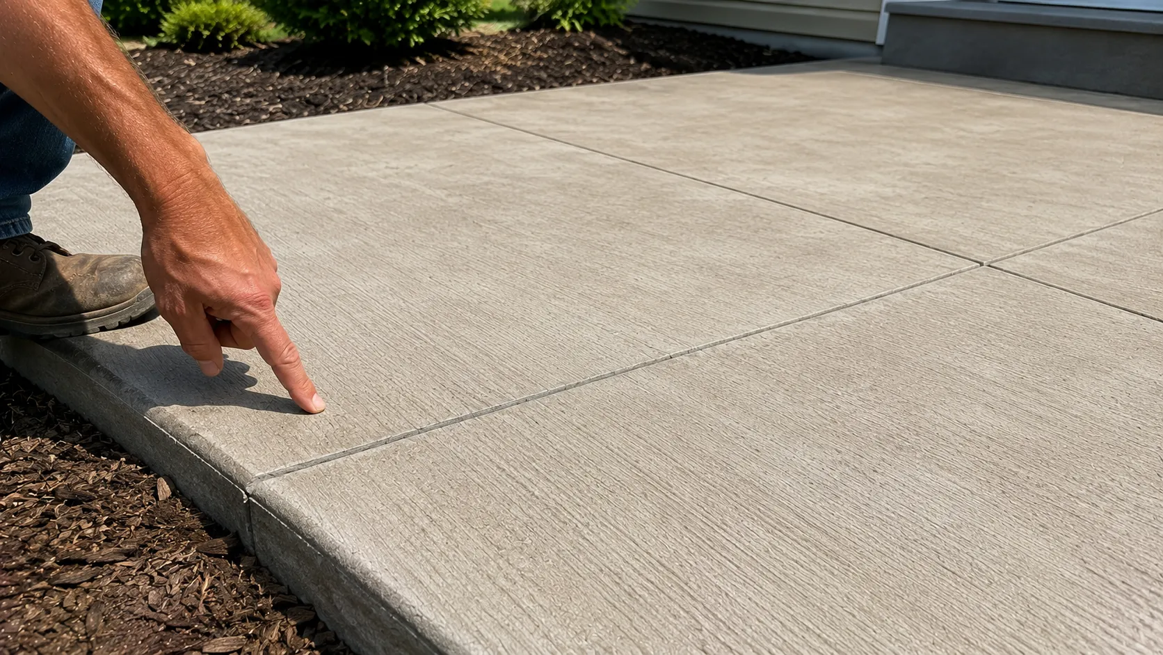 Close-up of clean concrete patio edges and joints during inspection