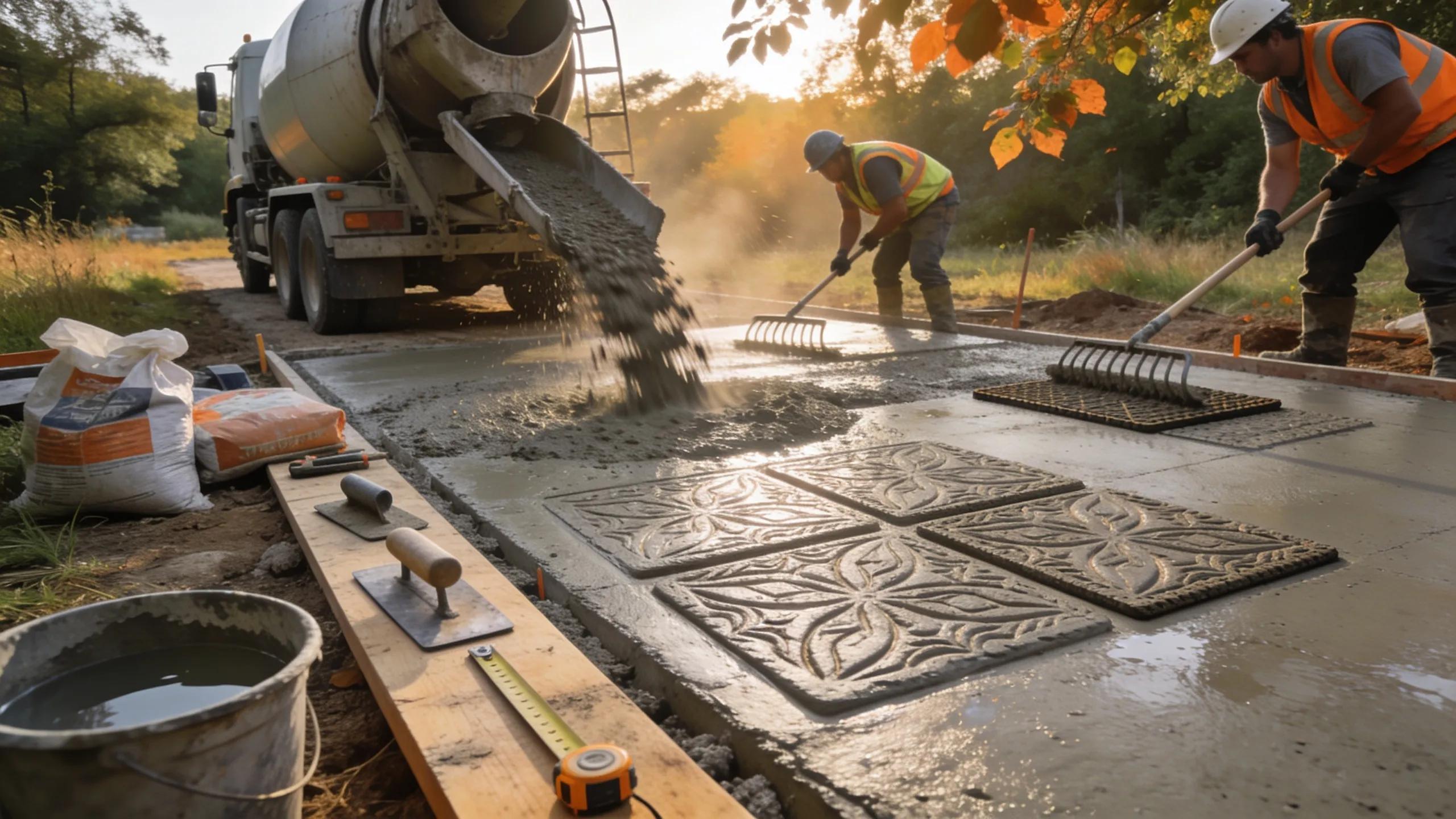Professionals installing stamped concrete patio with tools in view, displaying the installation process and techniques