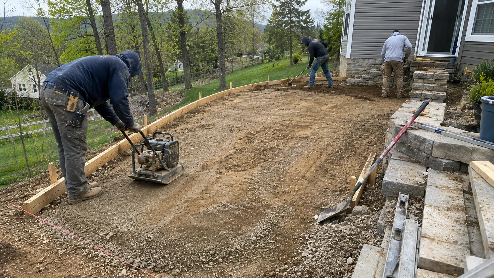 Concrete slab reinforcement and grading before patio pour