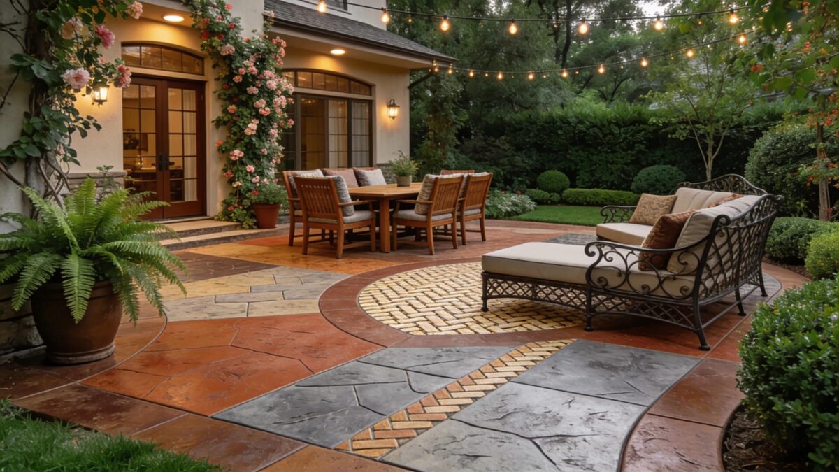 Premium stamped concrete patio design with diverse patterns and vibrant colors, enhancing outdoor aesthetics